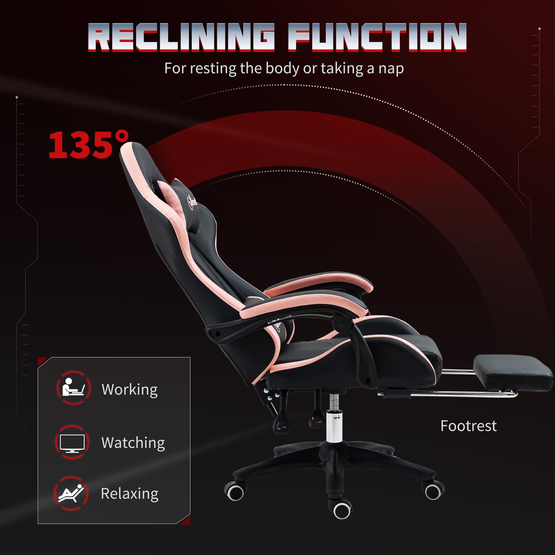 Computer Gaming Chair, PU Leather Office Desk Chair with Footrest, Swivel Wheels, 135° Reclining Back, Black