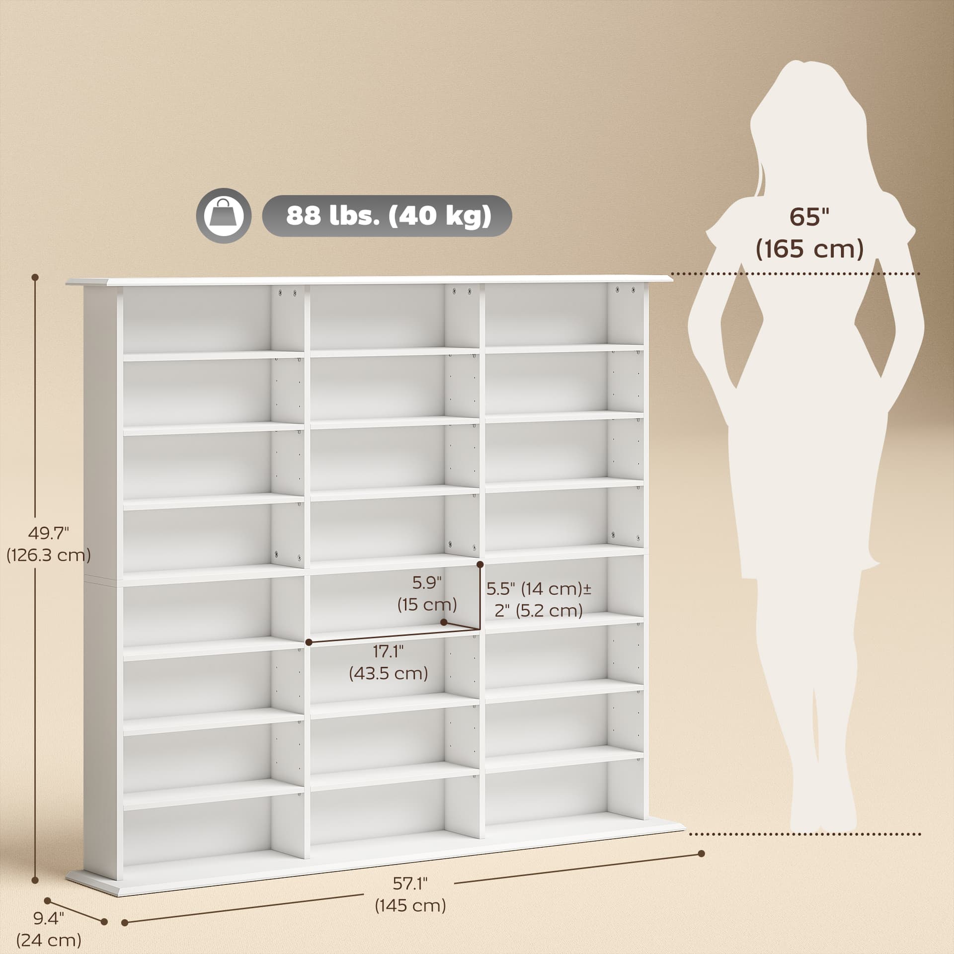 Media Storage Cabinet, 8-Tier DVD Shelf with 18 Adjustable Shelves, Holds 1032 CDs, 594 DVDs or Blu-rays, White