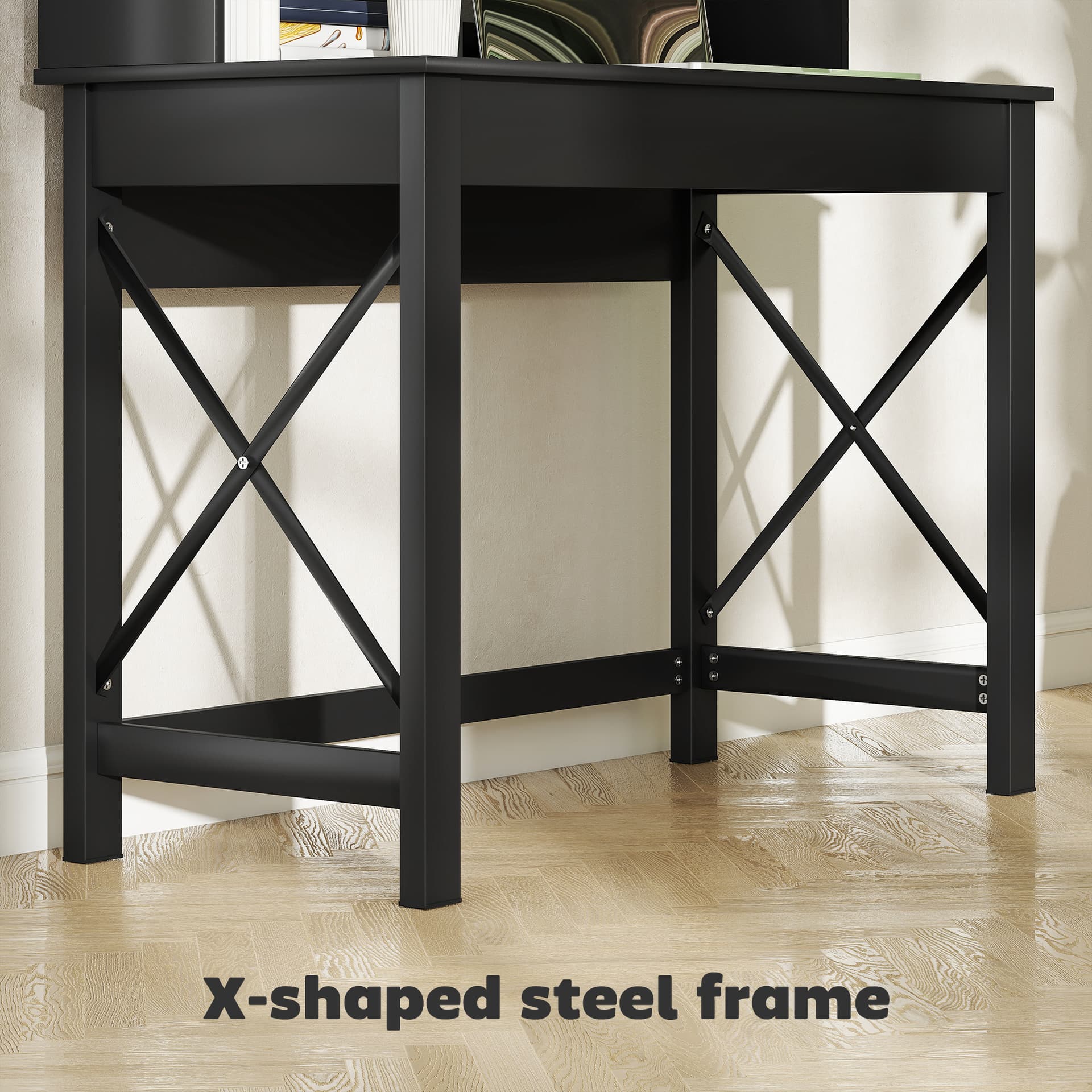 Computer Desk with Hutch, Home Office Table with Storage Shelves and Open Compartments for Writing, Work, Black