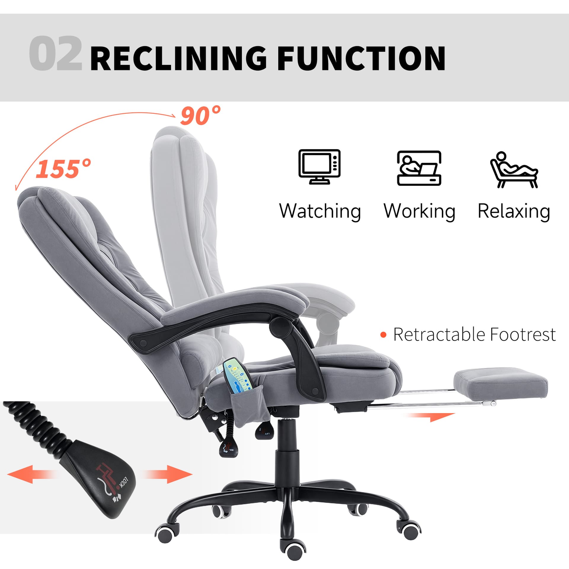 7-Point Vibrating Massage Chair, Reclining Office Chair with Footrest, Reclining Back, Adjustable Height, Grey