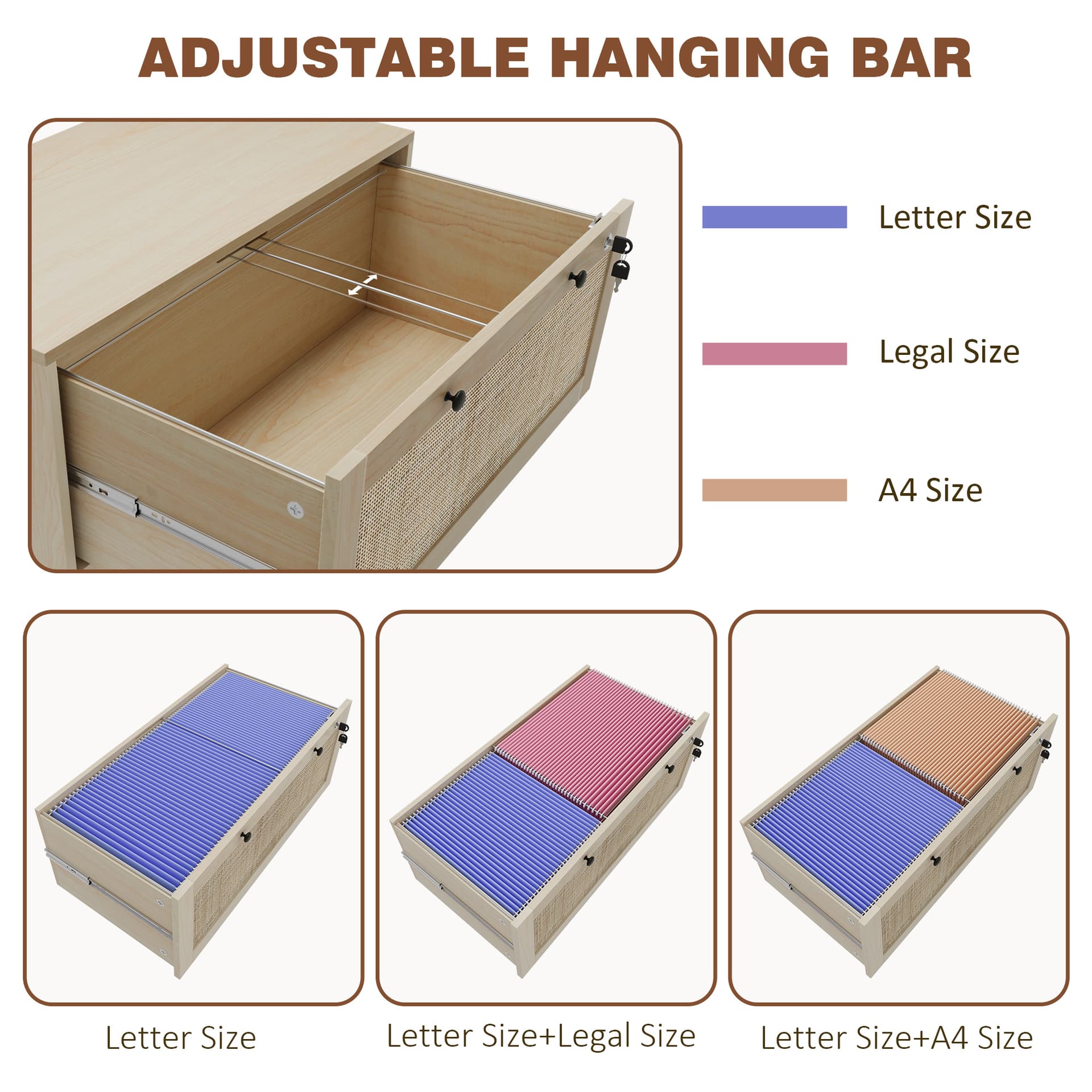 2-Drawer Filing Cabinet with Lock, Rattan File Cabinet with Adjustable Hanging Bar, Natural