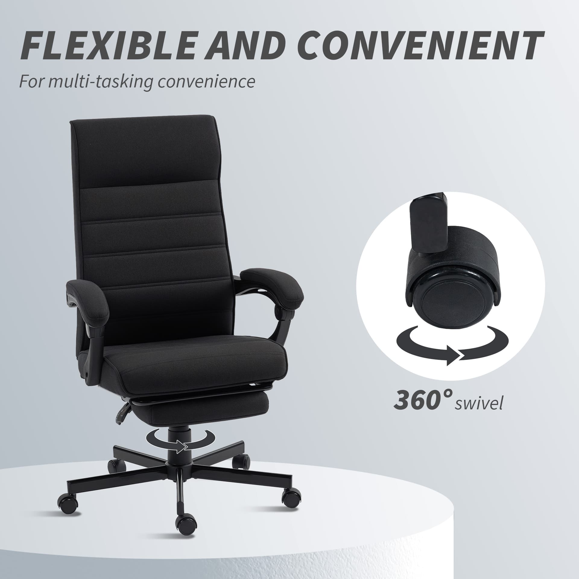 Office Chair, Linen High Back Desk Chair, Swivel Recliner with Adjustable Height, Footrest and Padded Armrest, Black