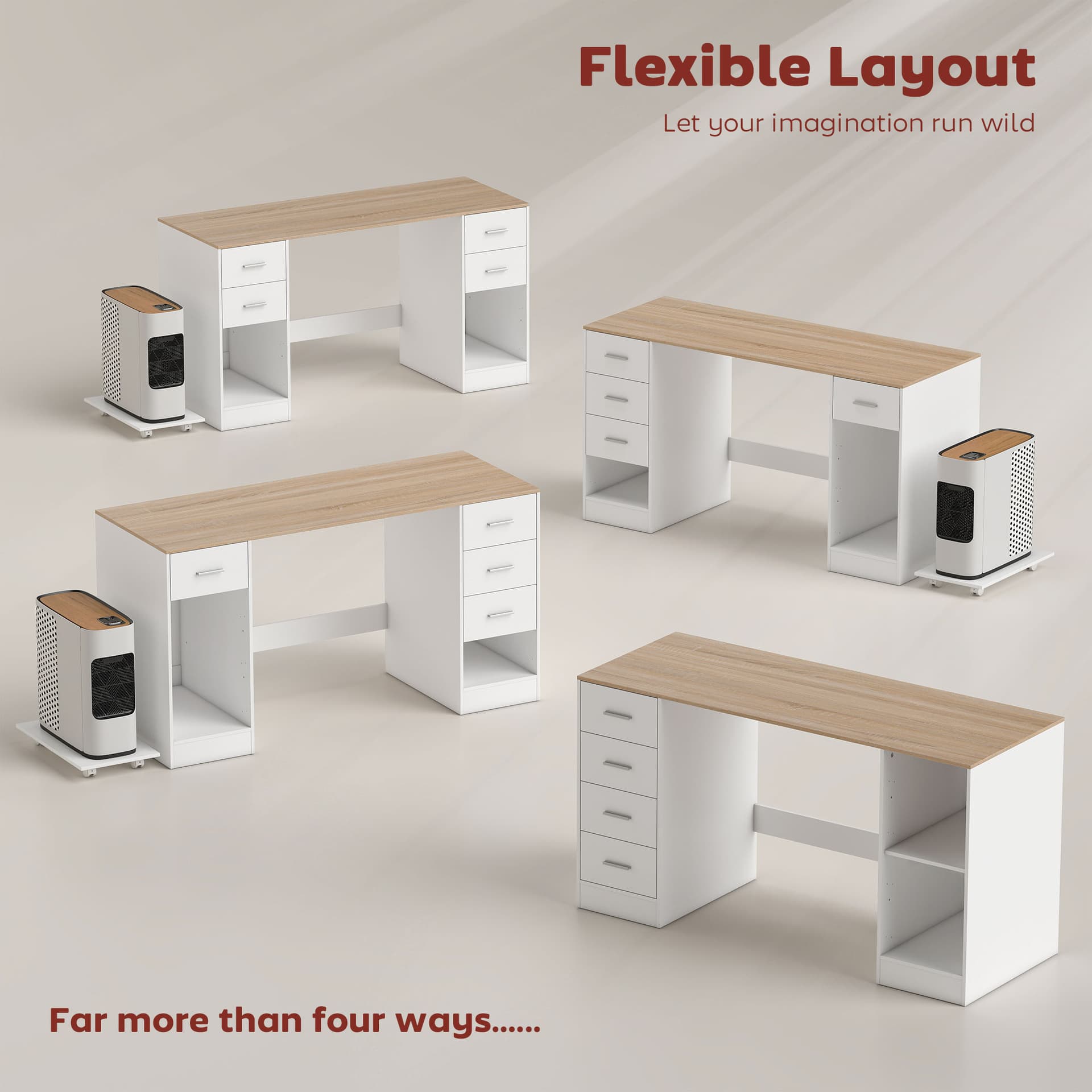 Office Desk, 55" Computer Desk with 4 Reversible Drawers, Mobile PC Stand, Adjustable Shelf, White Wood Grain