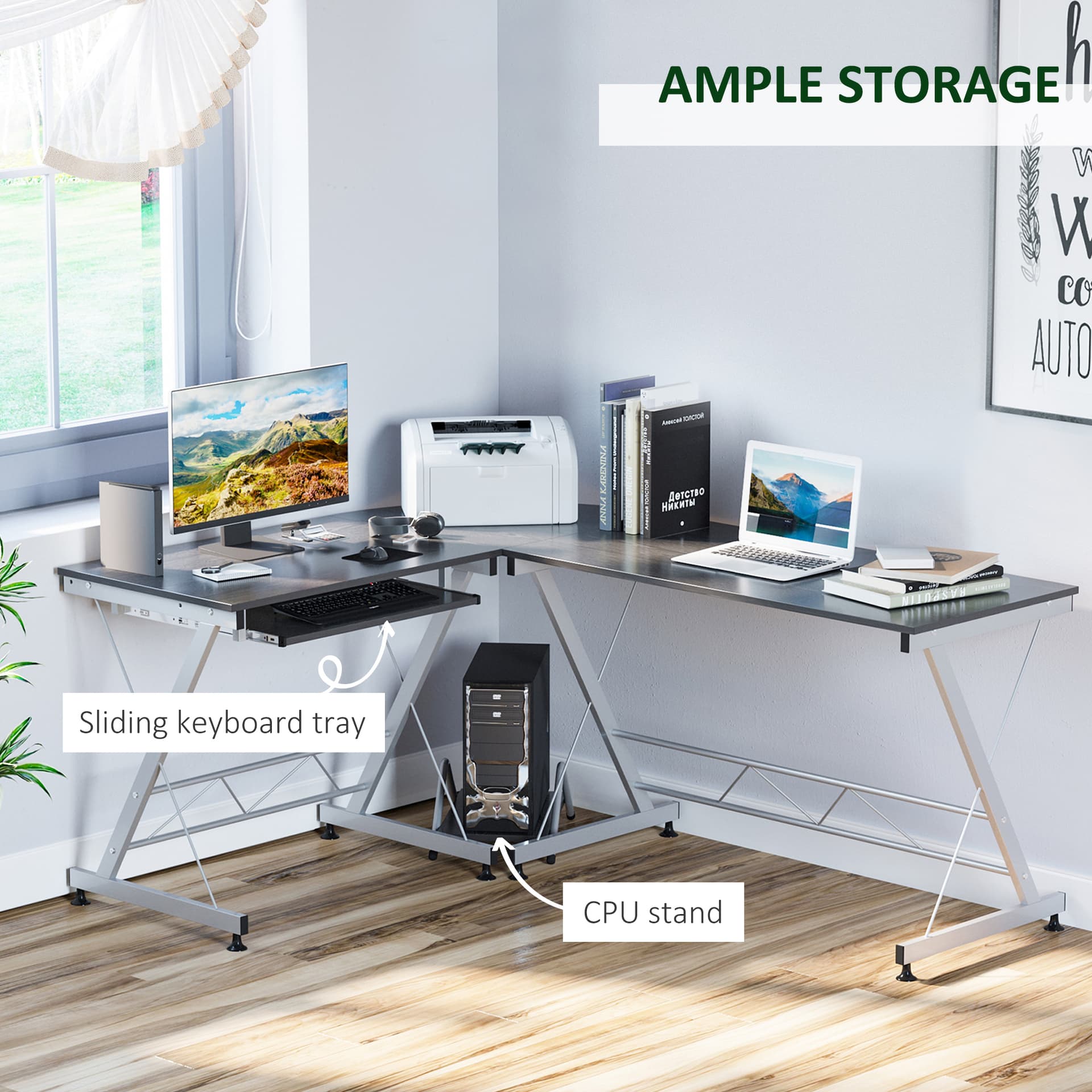 L-Shaped Computer Desk, Corner Table with Keyboard Tray for PC Laptop Desktop, Workstation Stand Home Office Furniture