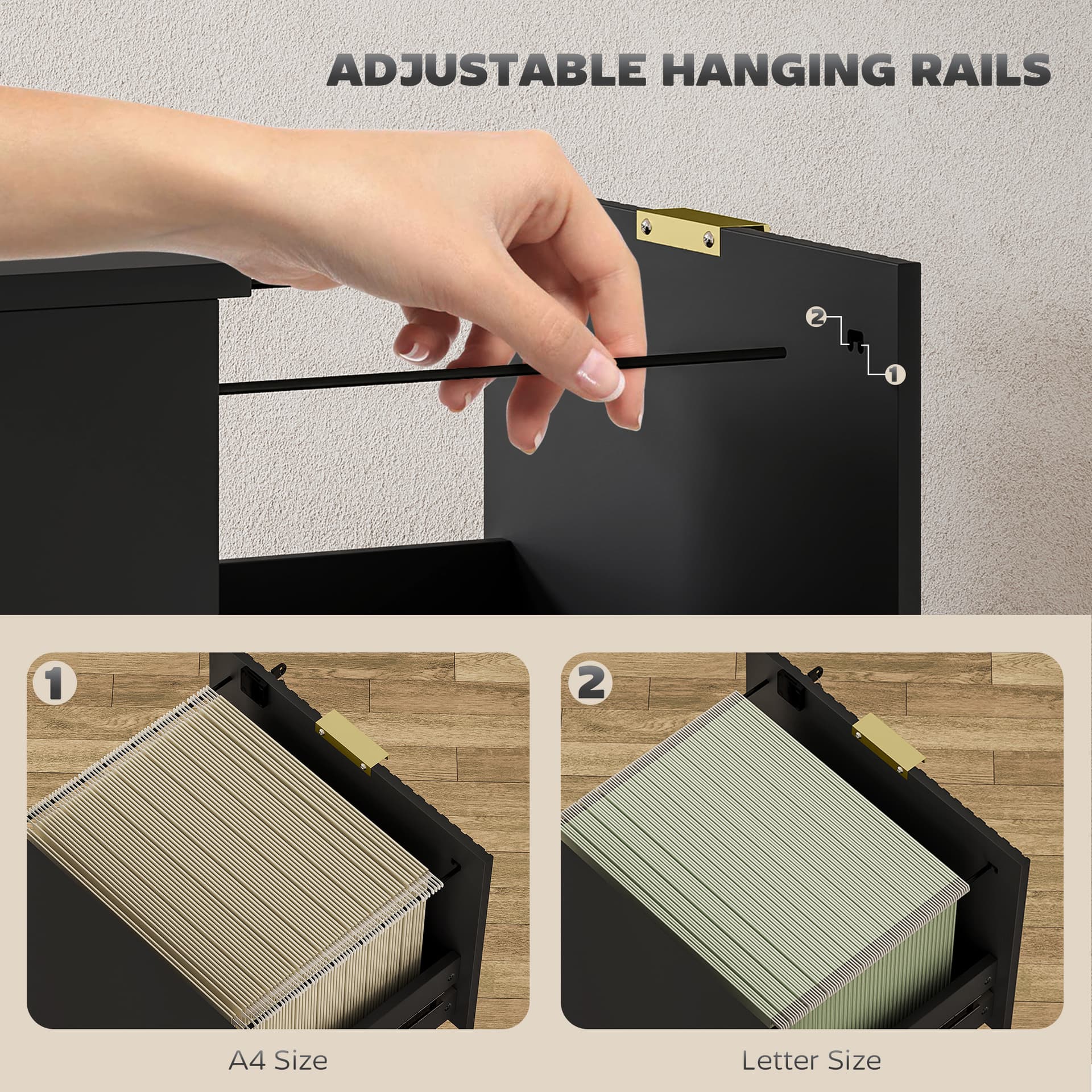 Lockable Filing Cabinet with 4 Fluted Drawers, File Cabinet with Adjustable Hanging Rails for A4 Letter Files, Black