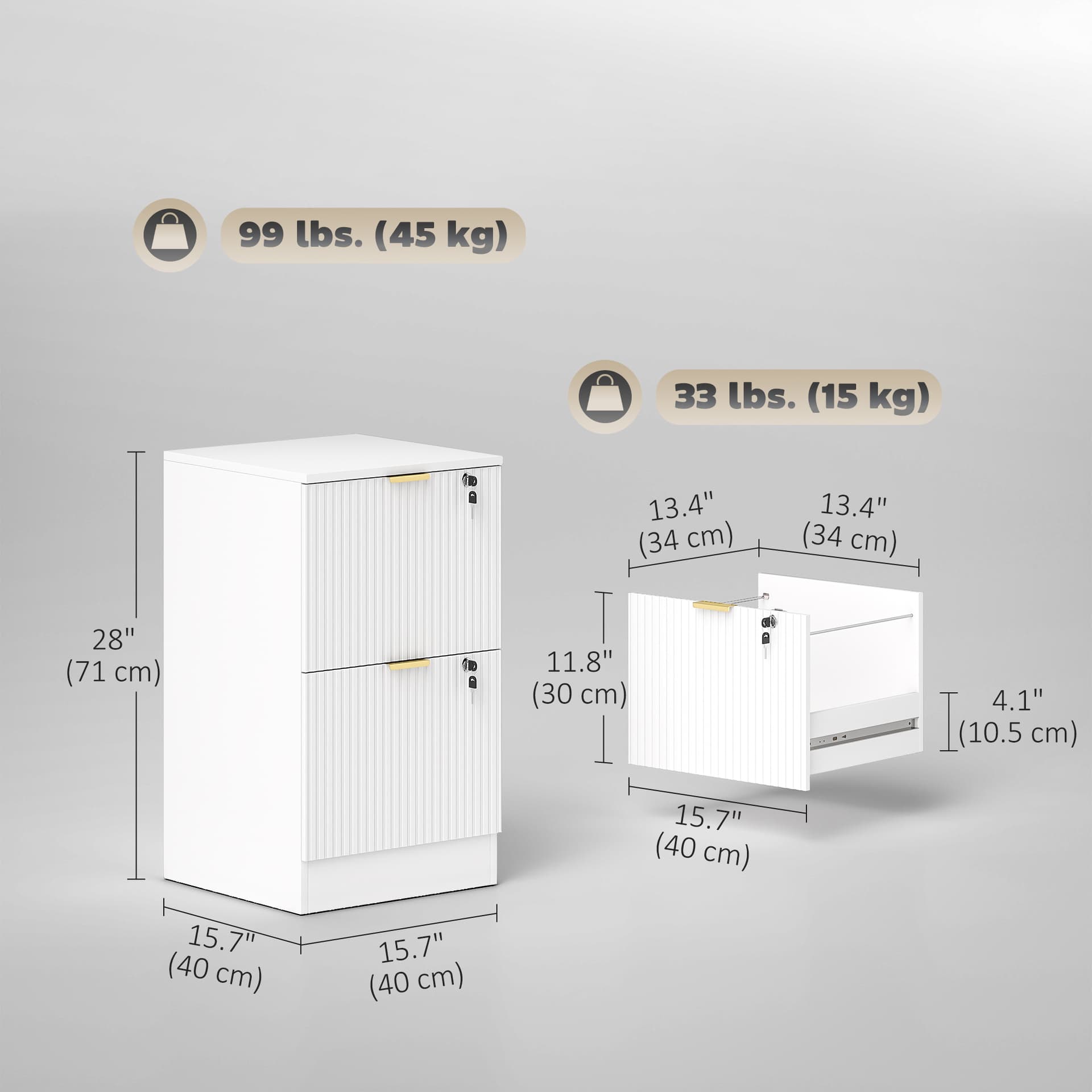 Lockable Filing Cabinet with 2 Fluted Drawers, File Cabinet with Adjustable Hanging Rails for A4 Letter Files, White