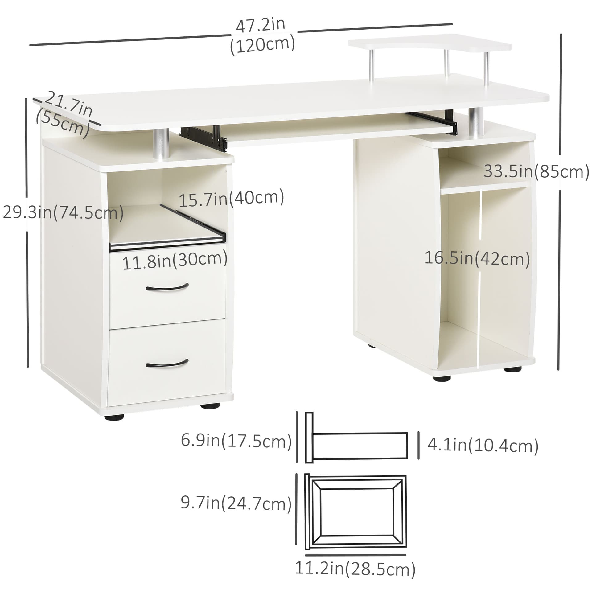 Computer Desk with Keyboard Tray, Home Office Desk with Drawers, CPU Stand, Printer Stand and Open Shelves, Writing Workstation for Study, White