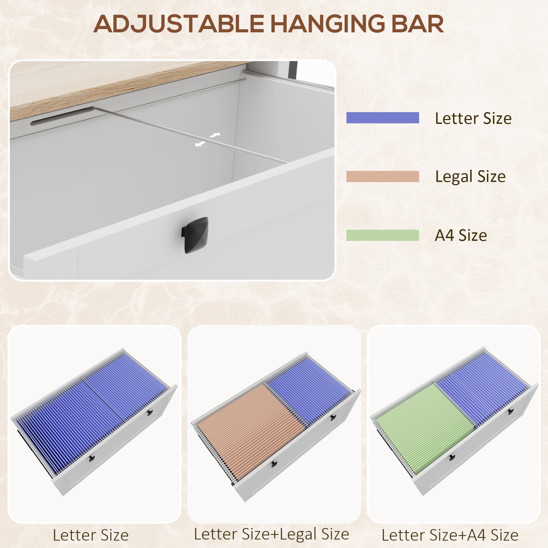 2 Drawer File Cabinet, Lockable Filing Cabinet with Adjustable Hanging Bar for Letter, A4 and Legal Size, White