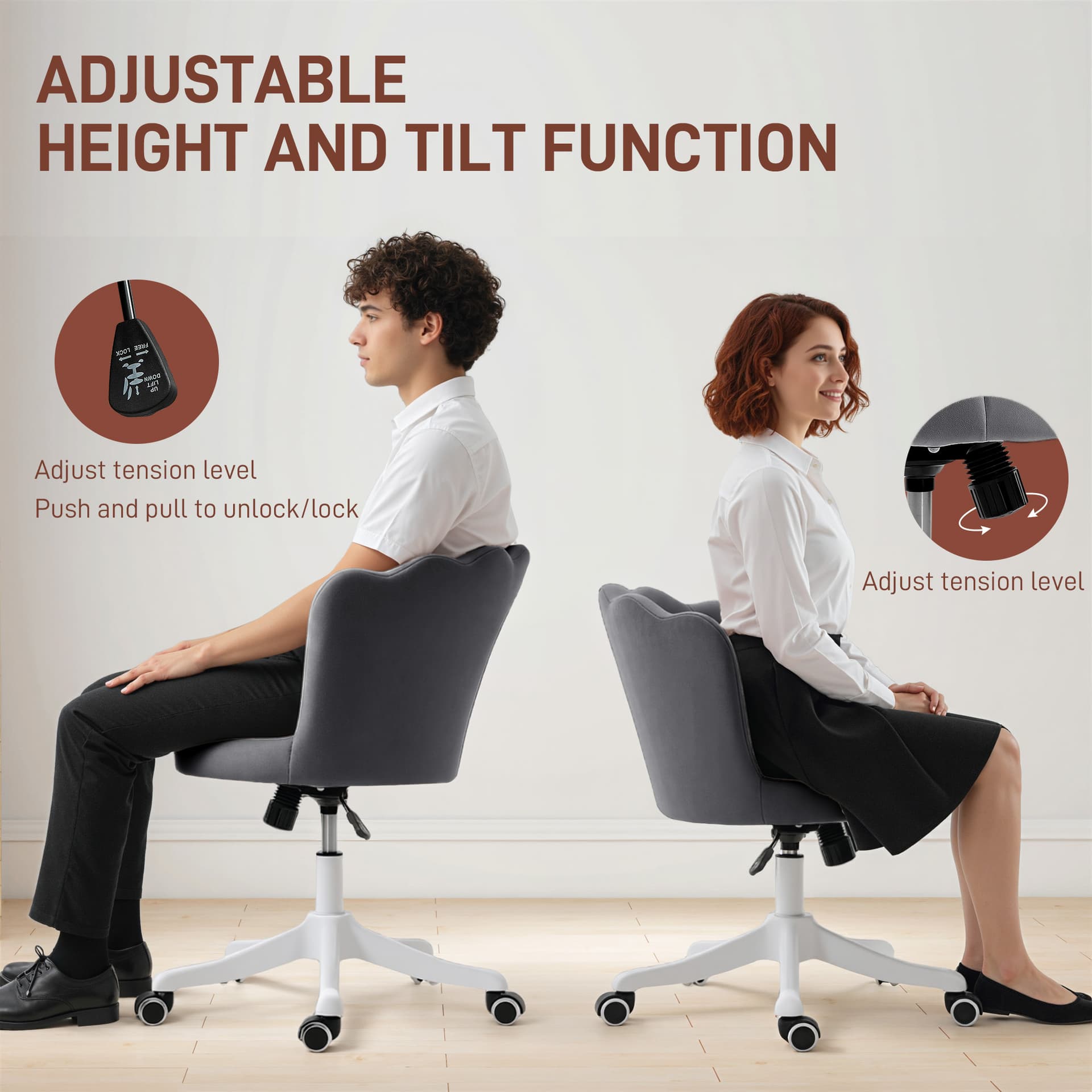Office Chair, Armless Swivel Desk Chair with Adjustable Height, Backrest, Tilt Function for Office, Vanity, Grey