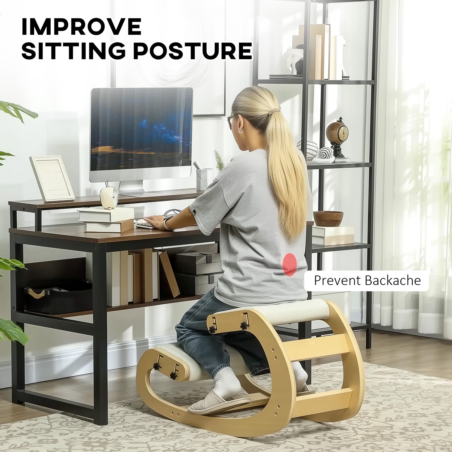 Ergonomic Kneeling Chair, Adjustable Rocking Wood Kneeling Stool, Desk Chair, Improve Posture, Cream White