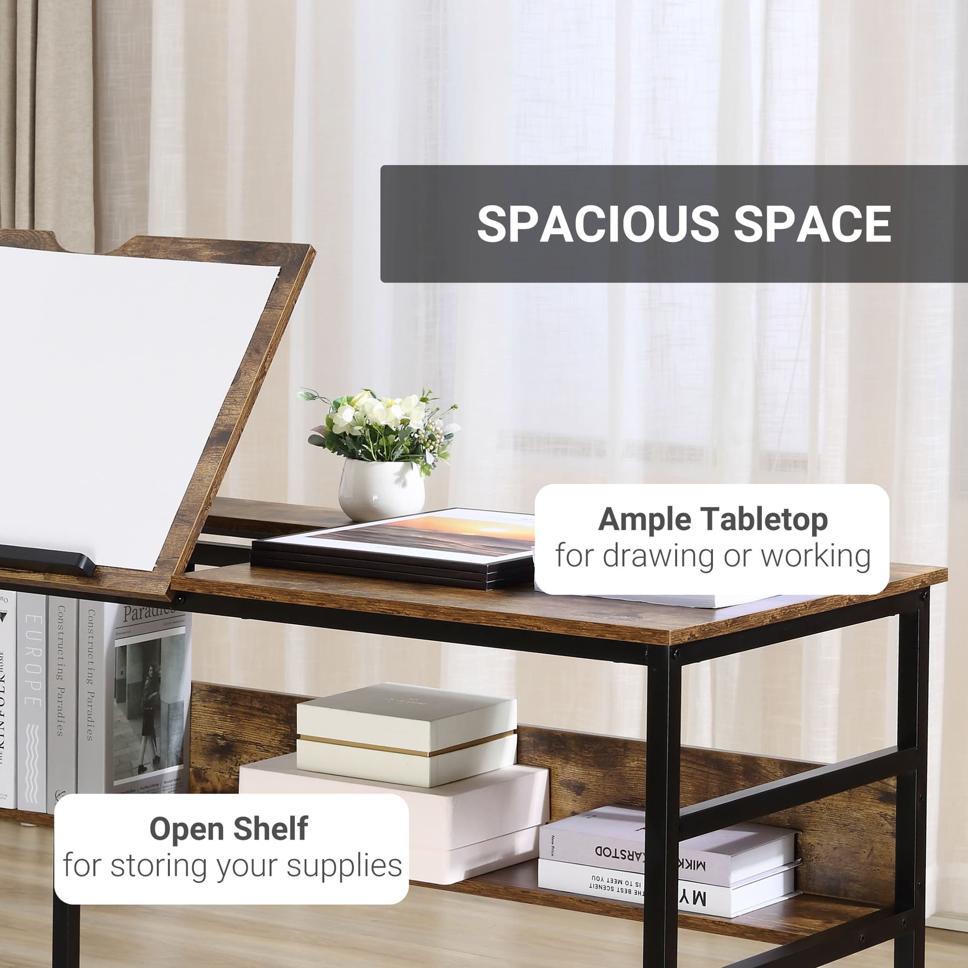 Adjustable Drafting Table Art Desk Drawing Table Craft Desk Workstation for Painting Multifunctional Writing Desk with Tiltable Tabletop and Storage Shelf Rustic Brown