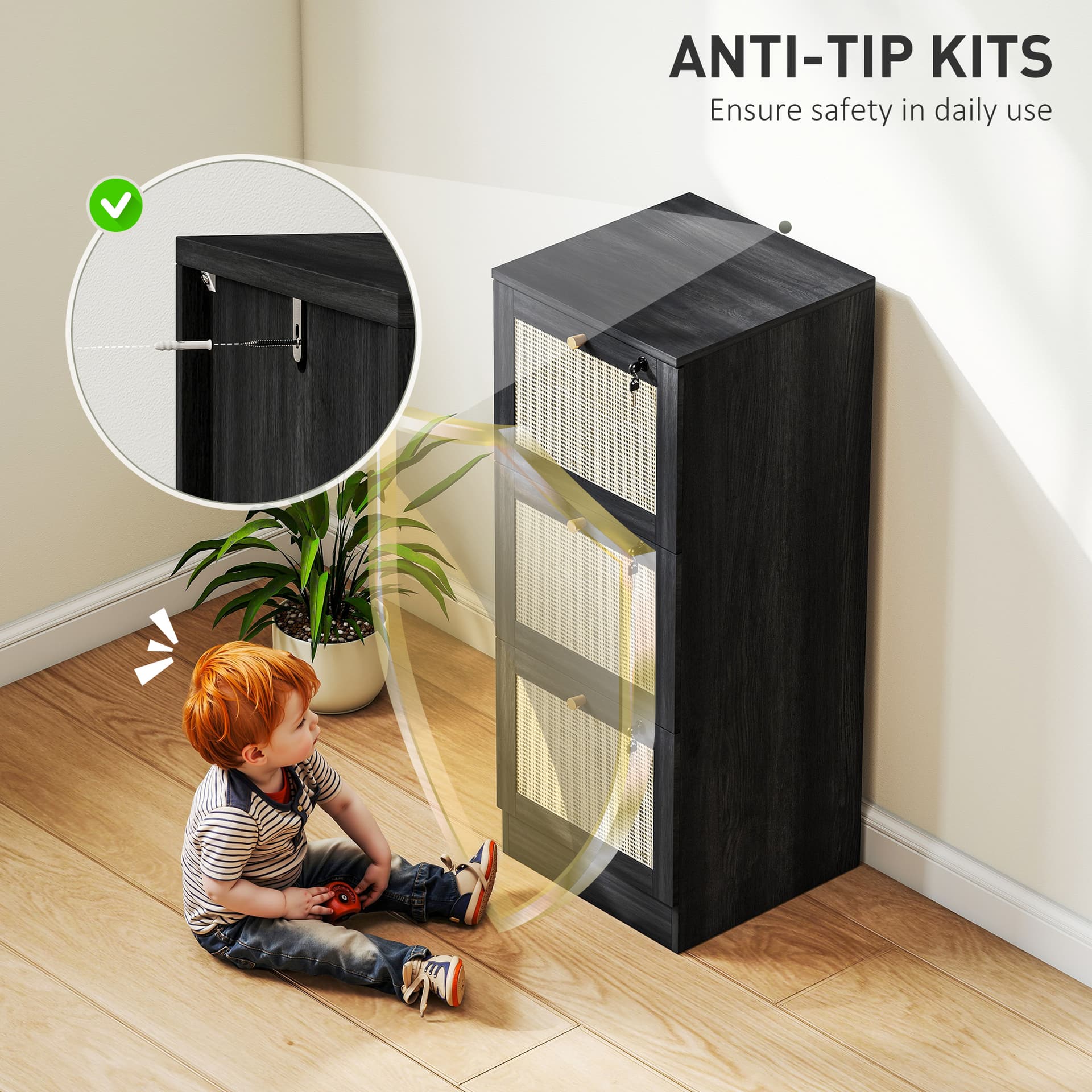 3 Drawer Filing Cabinet with Lock, Boho File Cabinet for A4 Letter Size Files with Decorative Rattan Accents, Black