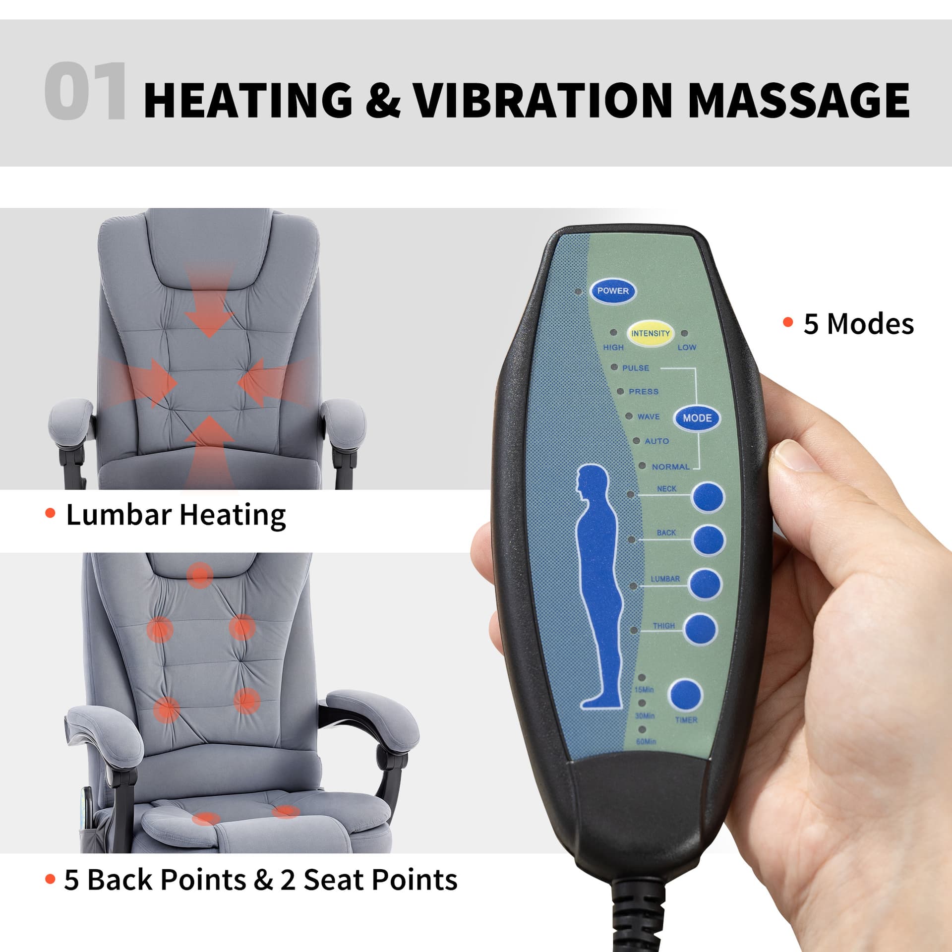 7-Point Vibrating Massage Chair, Reclining Office Chair with Footrest, Reclining Back, Adjustable Height, Grey