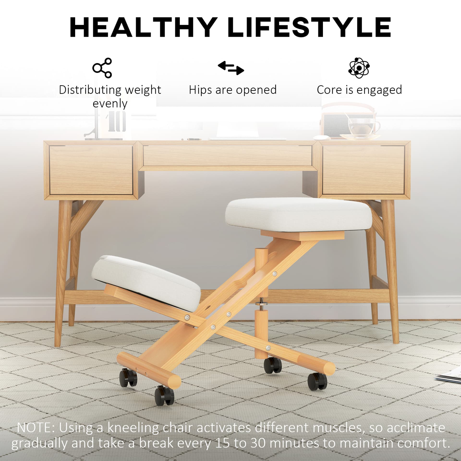 Ergonomic Kneeling Chair, Posture Chair with Rubberwood Frame, Wheels for Office, Posture Correction, Cream White