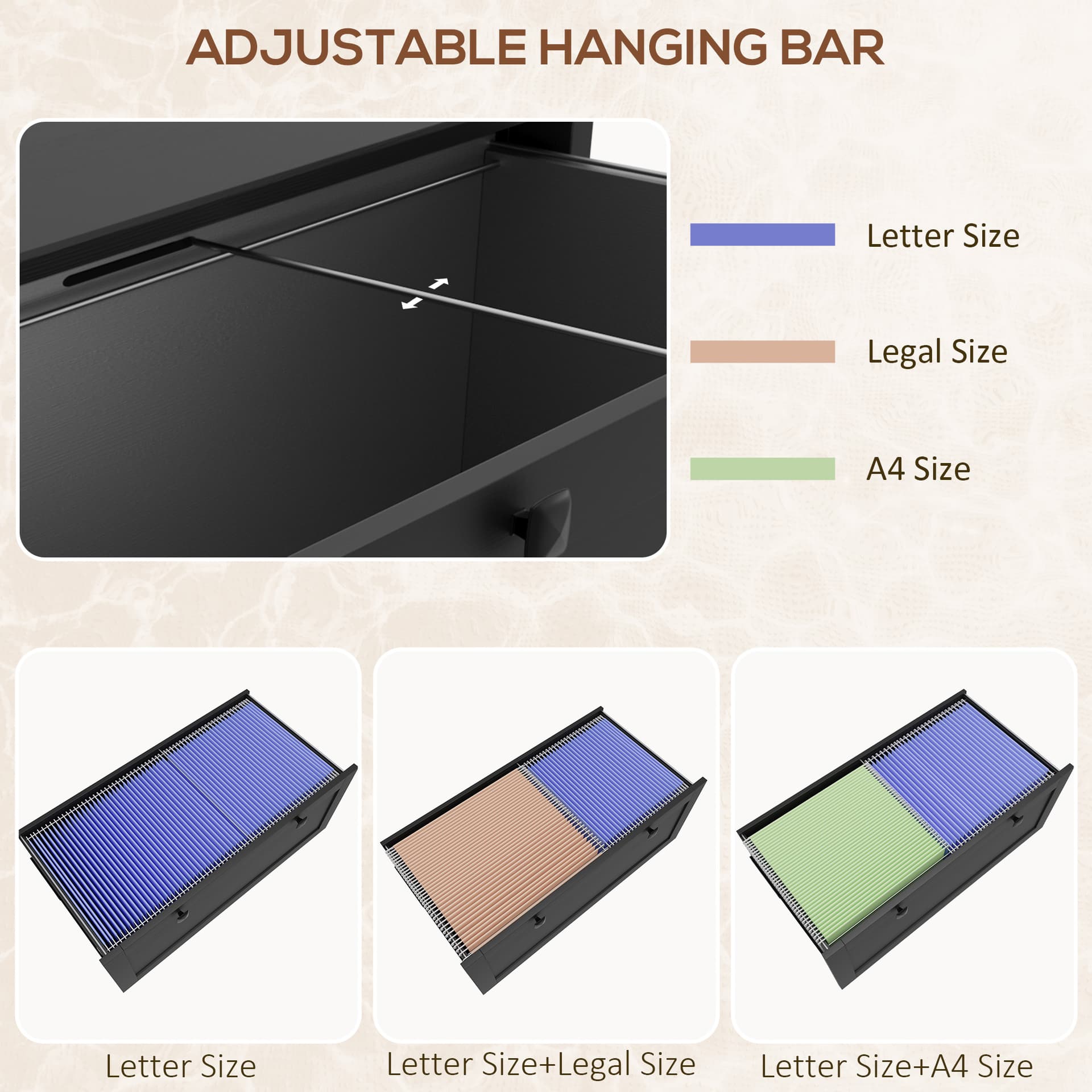 2 Drawer File Cabinet, Lockable Filing Cabinet with Adjustable Hanging Bar for Letter, A4 and Legal Size, Black