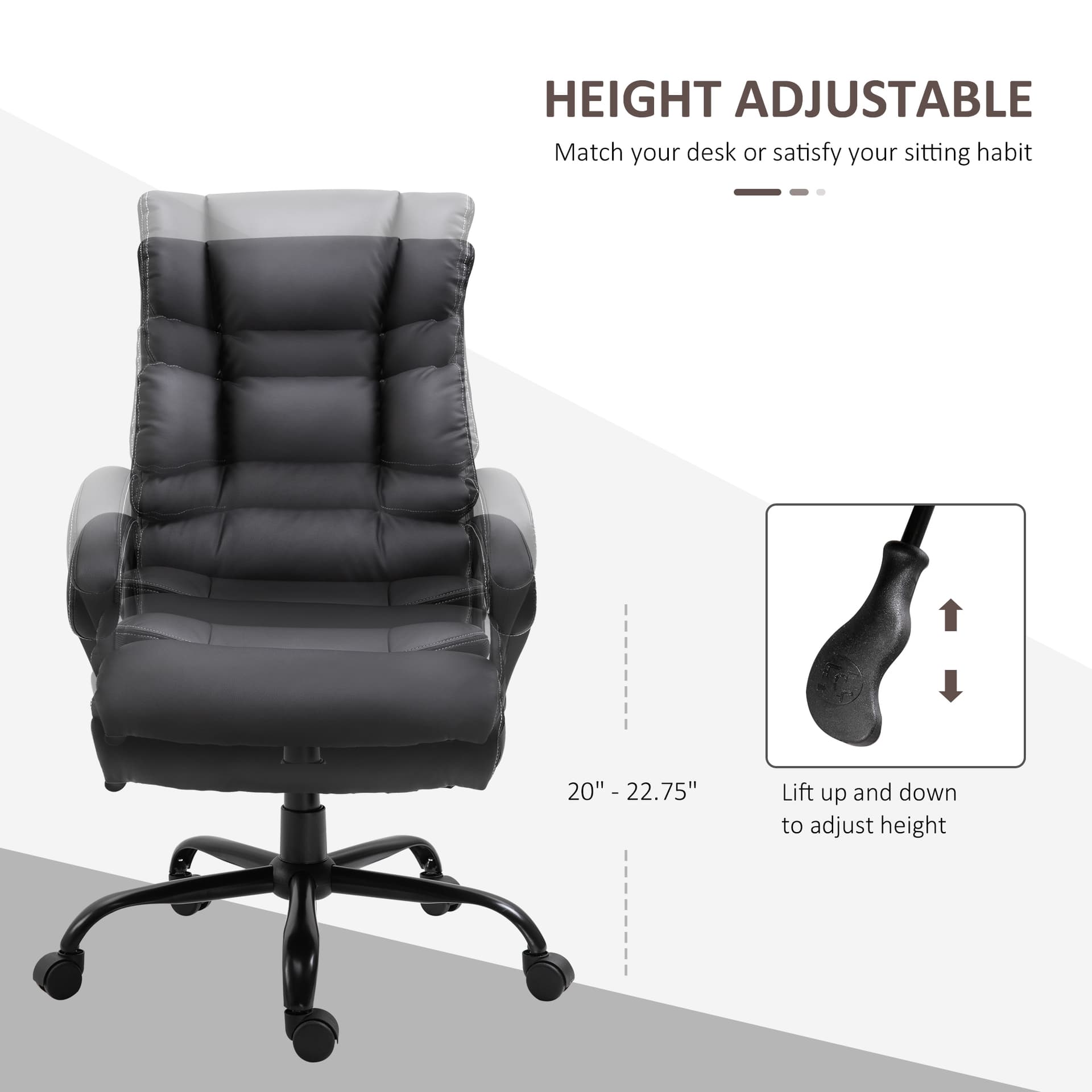 Ergonomic Heavy-Duty Office Chair with Adjustable Height, PU Leather, Rocker, 360° Swivel, 400lbs Capacity, Black