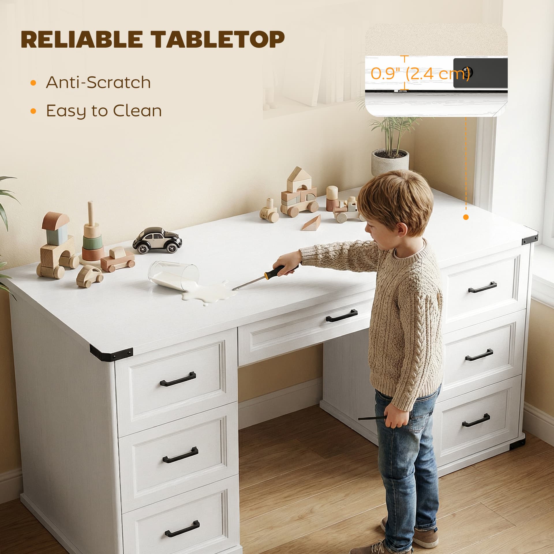 55" Computer Desk with 7 Drawers, Farmhouse Executive Desk for Home Office, Study, Bedroom, White Wood Grain