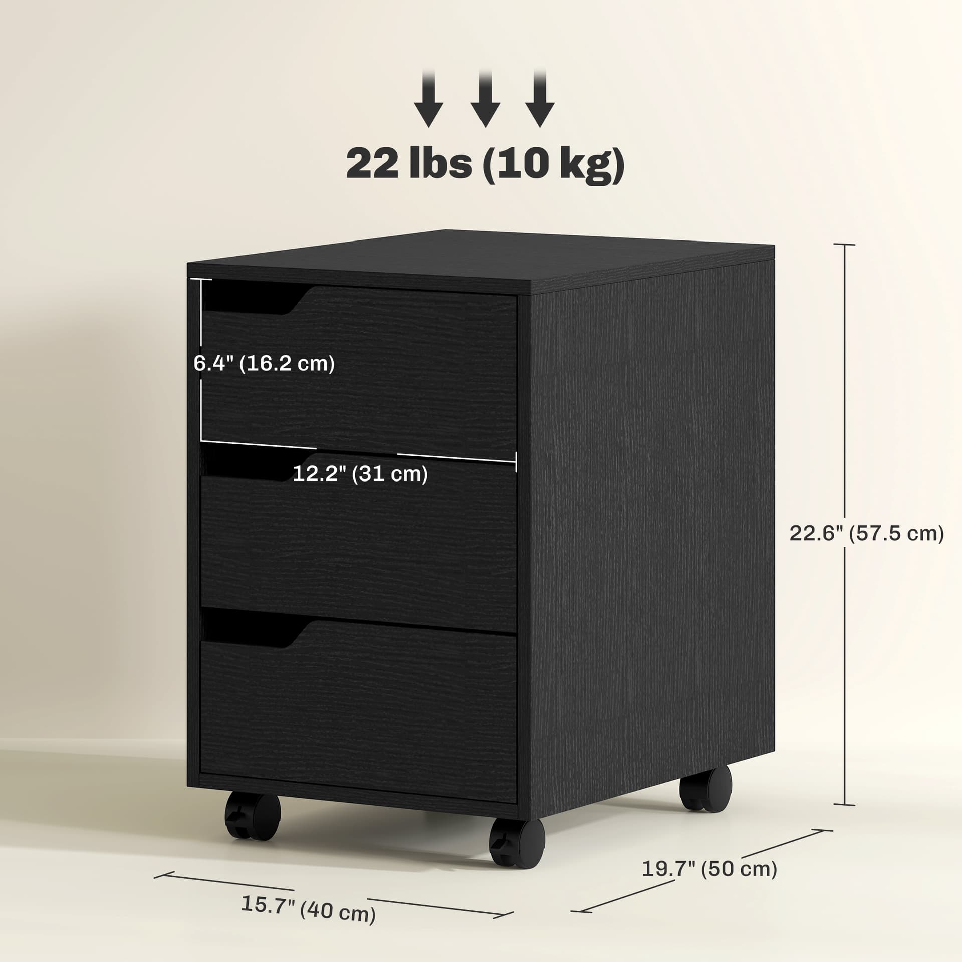 3 Drawer File Cabinet, Vertical Filing Cabinet with Wheels, Mobile Printer Stand with Storage for Home Office, Black