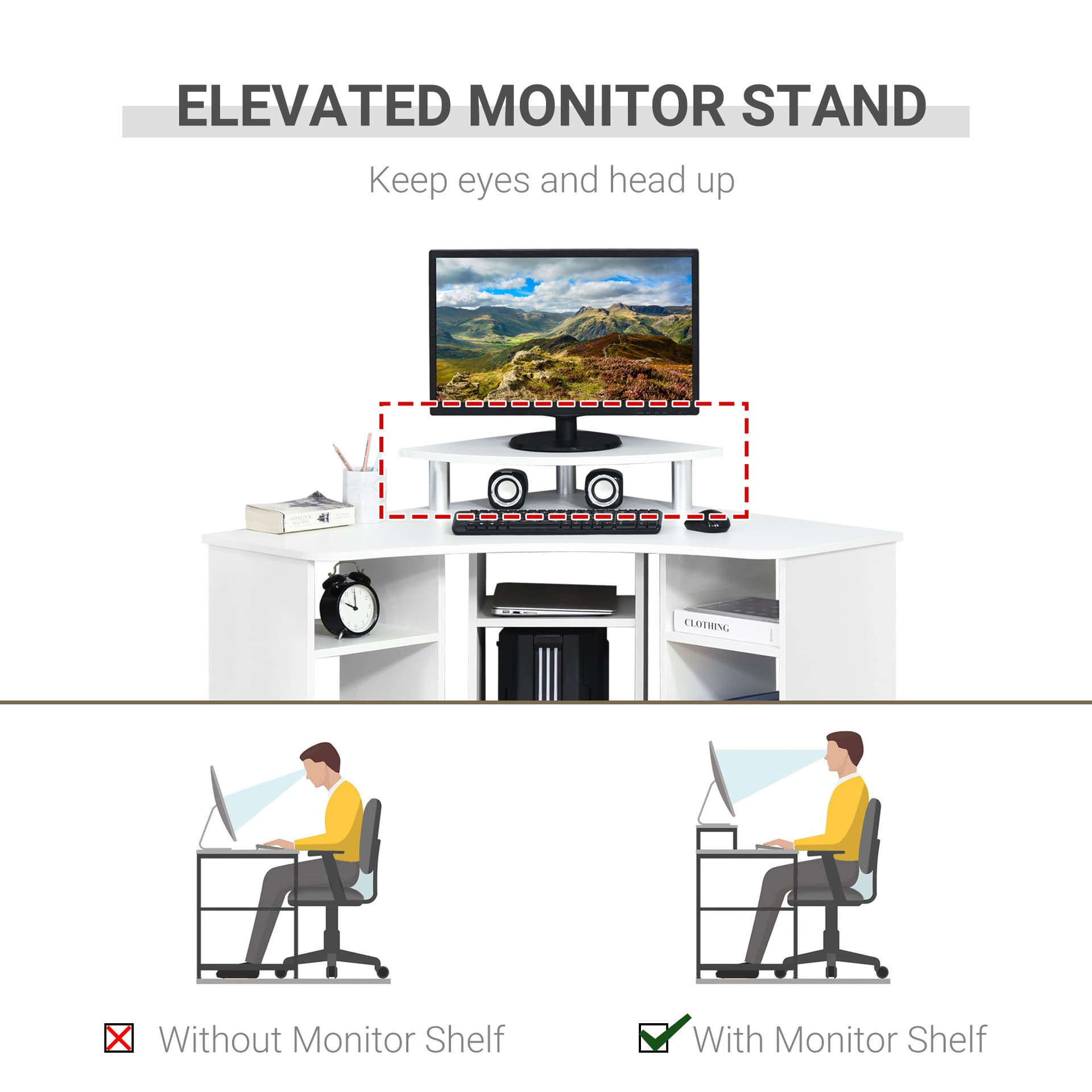 35" L-Shaped Computer Desk with Monitor Stand and Open Shelves, Home Office Corner Desk Study Workstation for Small Space, White
