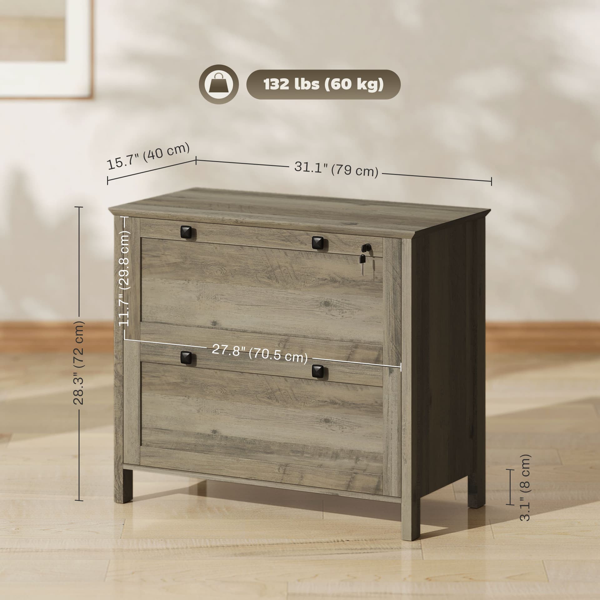 2 Drawer File Cabinet, Lockable Filing Cabinet with Adjustable Hanging Bar for Letter, A4 Size, Weathered Grey Oak