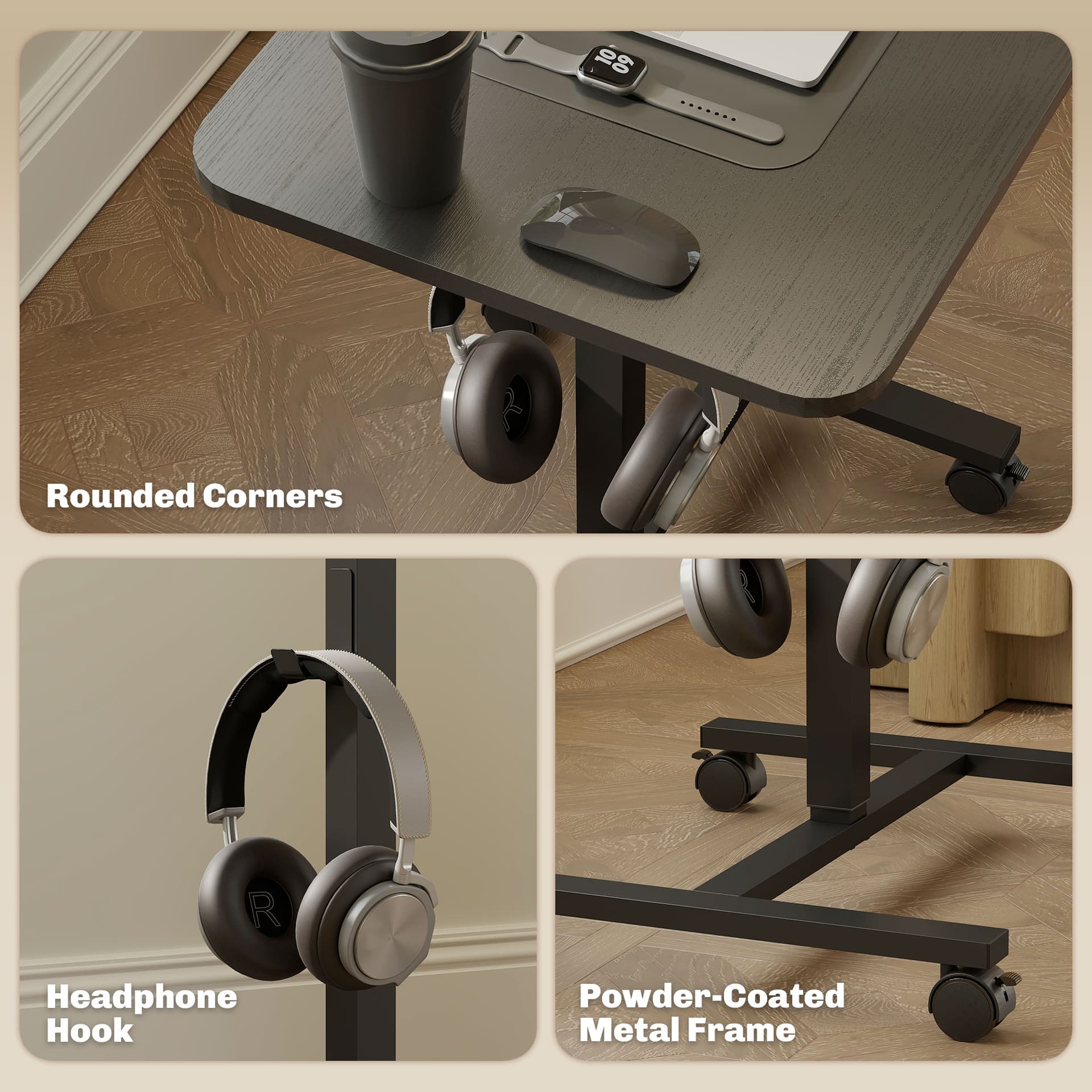 Height Adjustable Standing Desk, Pneumatic Sit Stand Desk with Wheels and Headphone Hook, Black Wood Grain - Office Desks & Work Stations - Office Furniture