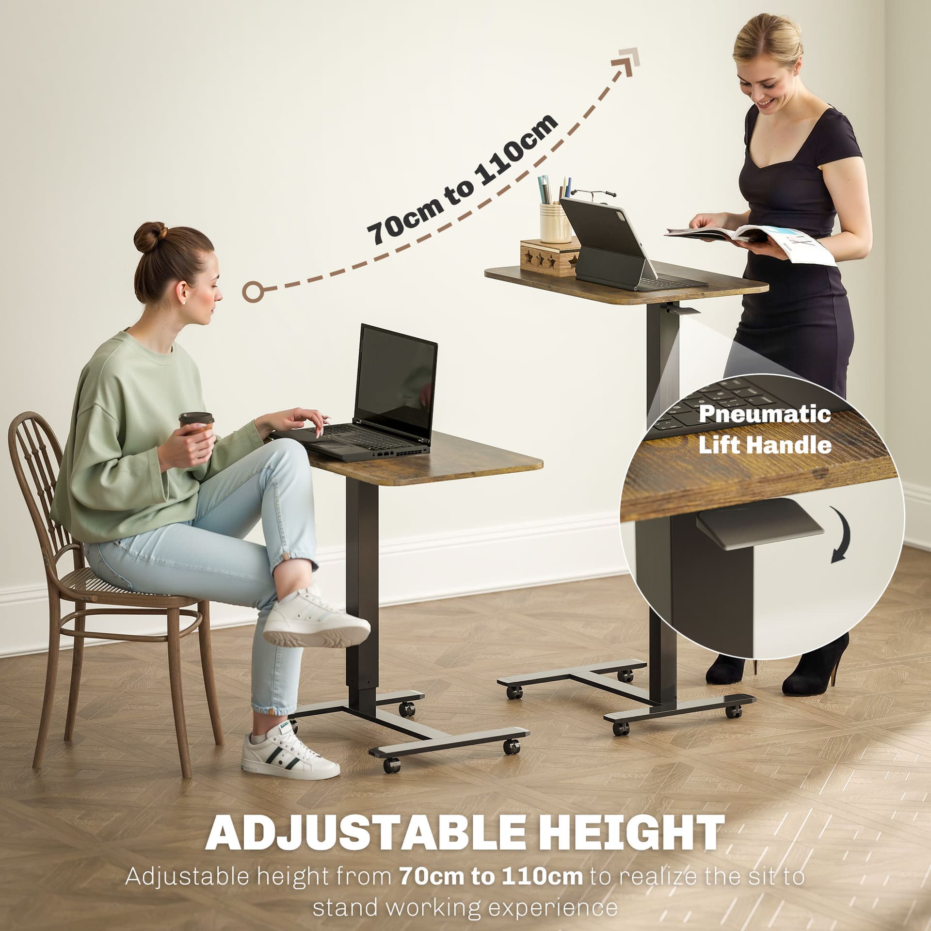 Pneumatic Standing Desk Adjustable Height, Mobile Stand Up Desk with Wheels, 43 Inch Rolling Table, Rustic Brown