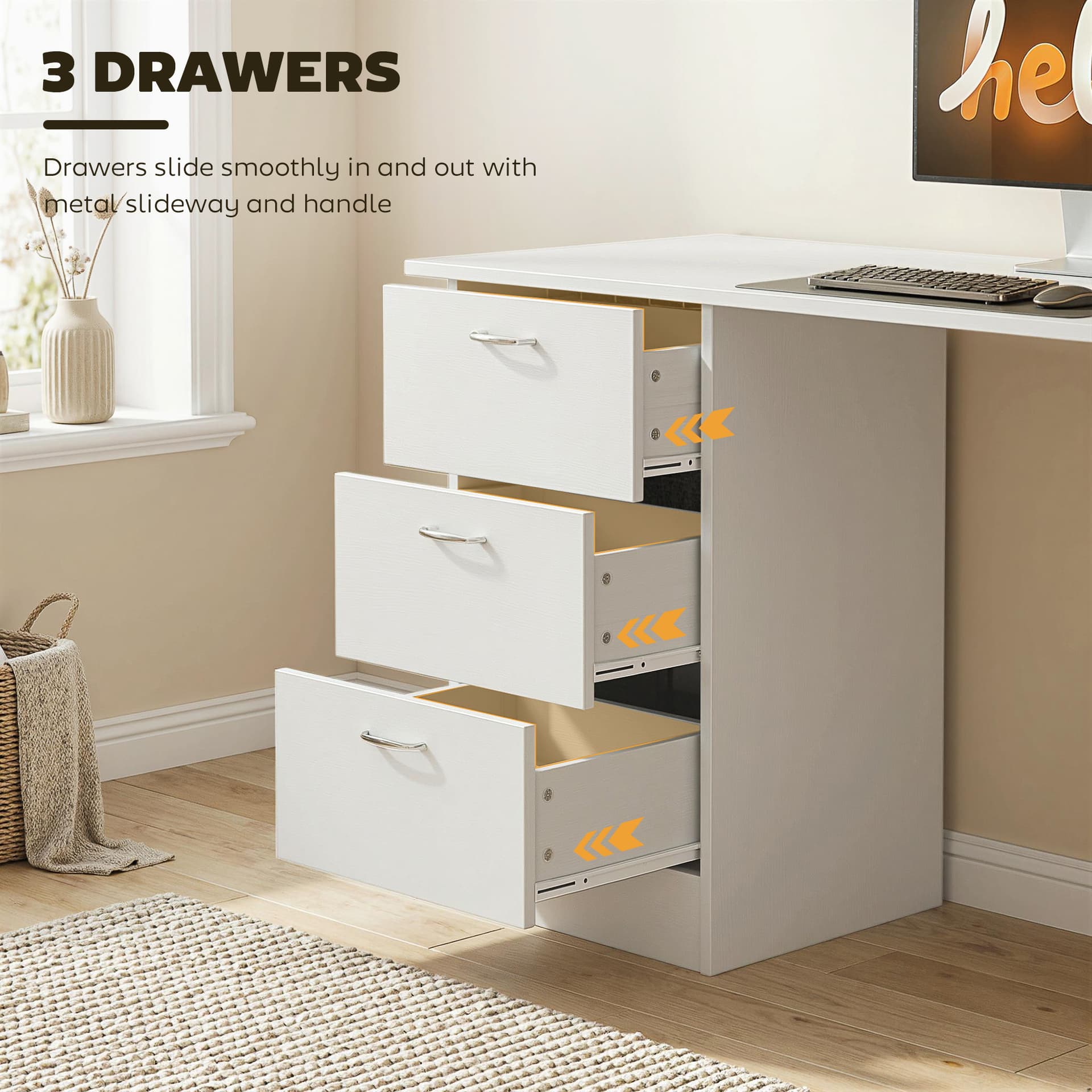 Computer Desk, 47" Writing Table with 3-Tier Shelves and 3 Reversible Drawers for Home Office, Bedroom, White