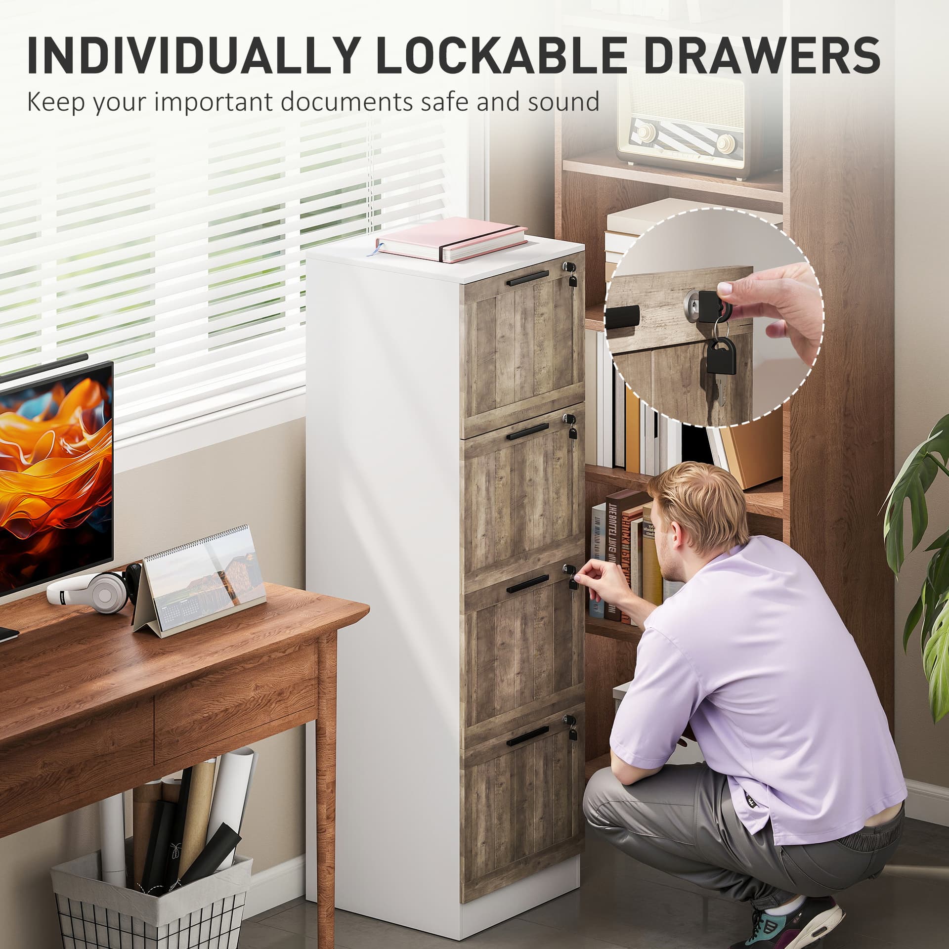 4 Drawer Filing Cabinet, Farmhouse File Cabinet with Lock, Adjustable Hanging Rails for A4 Letter Size Files, White