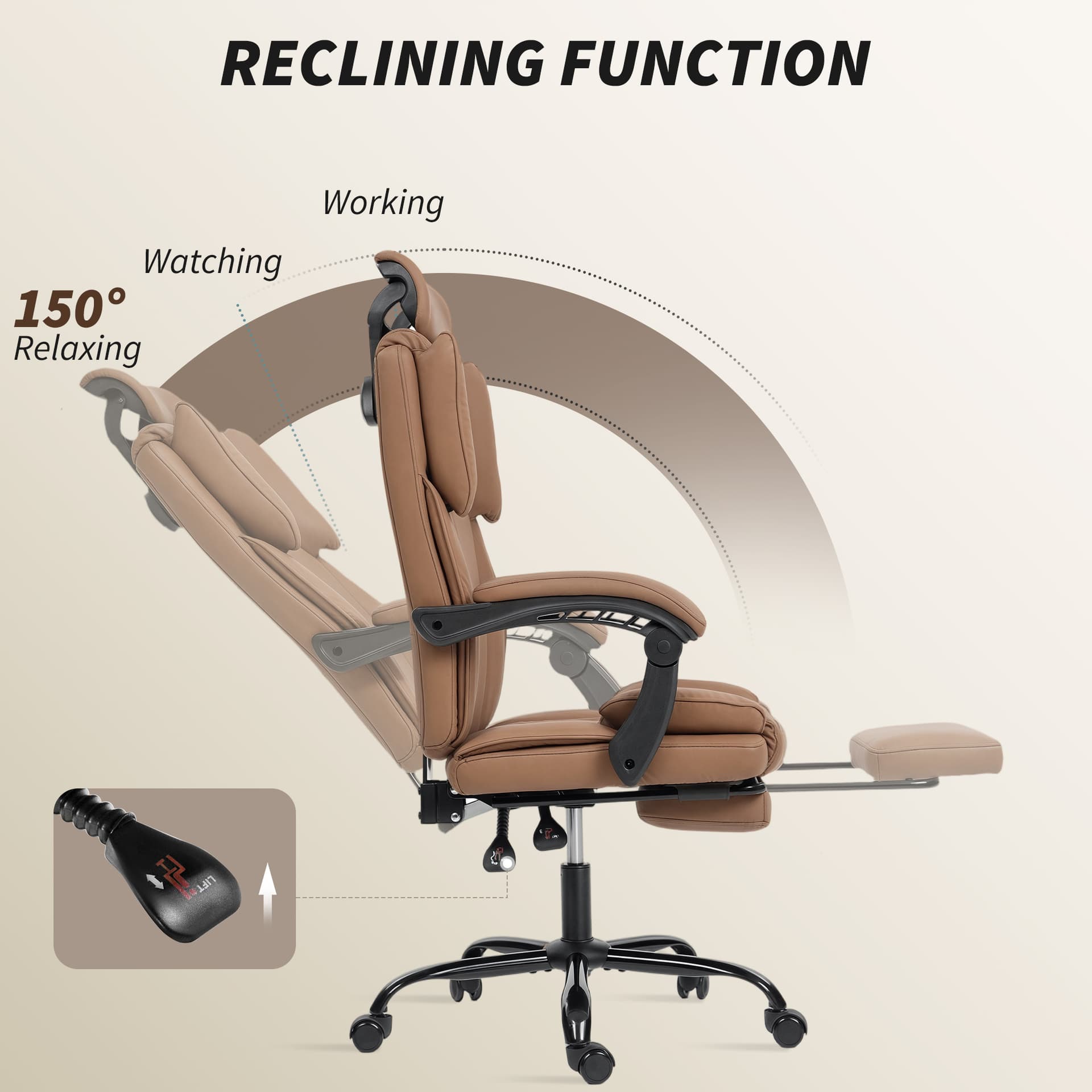 Reclining Office Chair, Executive Desk Chair with Pet-Friendly Fabric, Headrest, Footrest, Swivel Wheels, Brown