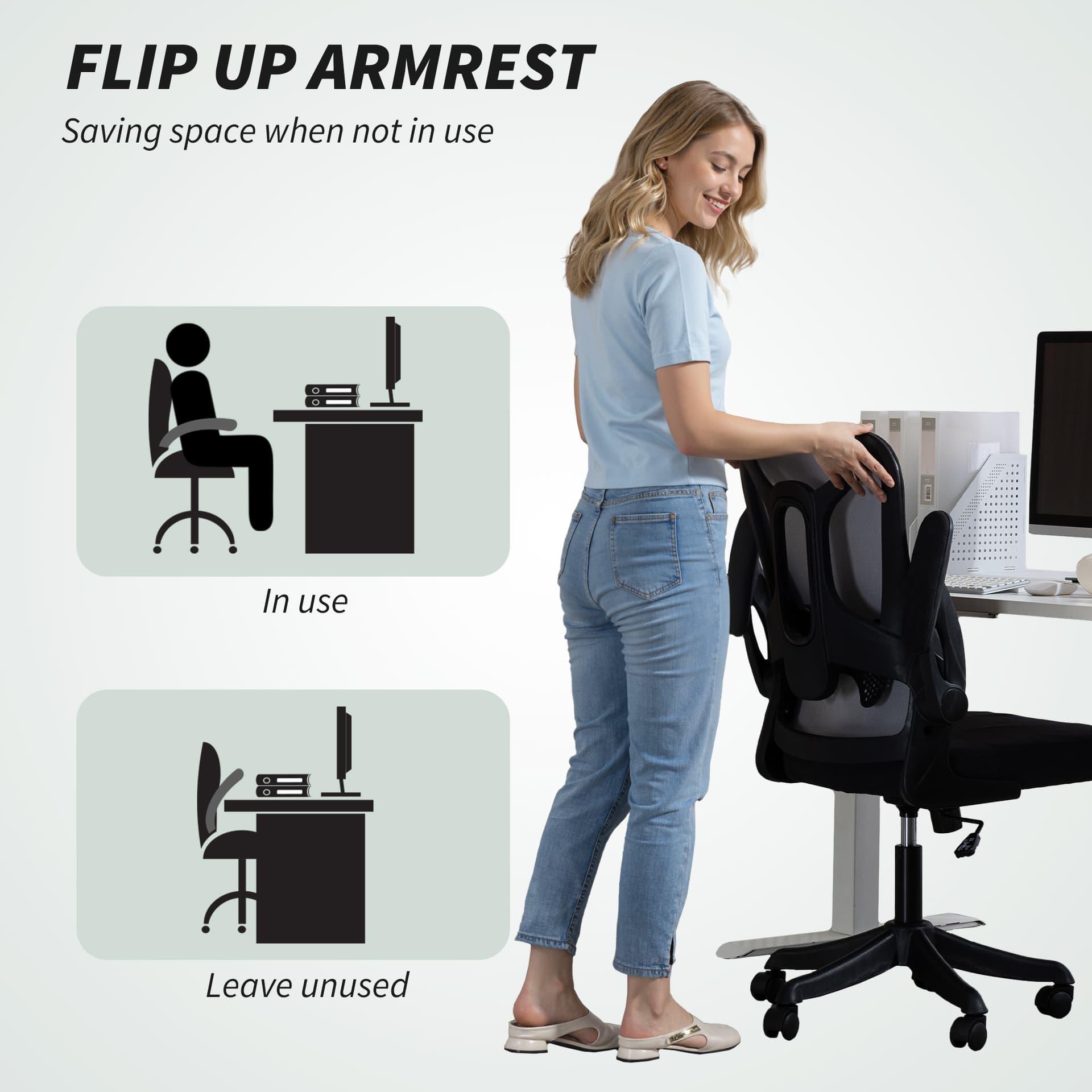 Ergonomic Office Chair, Swivel Desk Chair with Adjustable Lumbar Support and Height, Flip-up Armrests, Wheels, Black