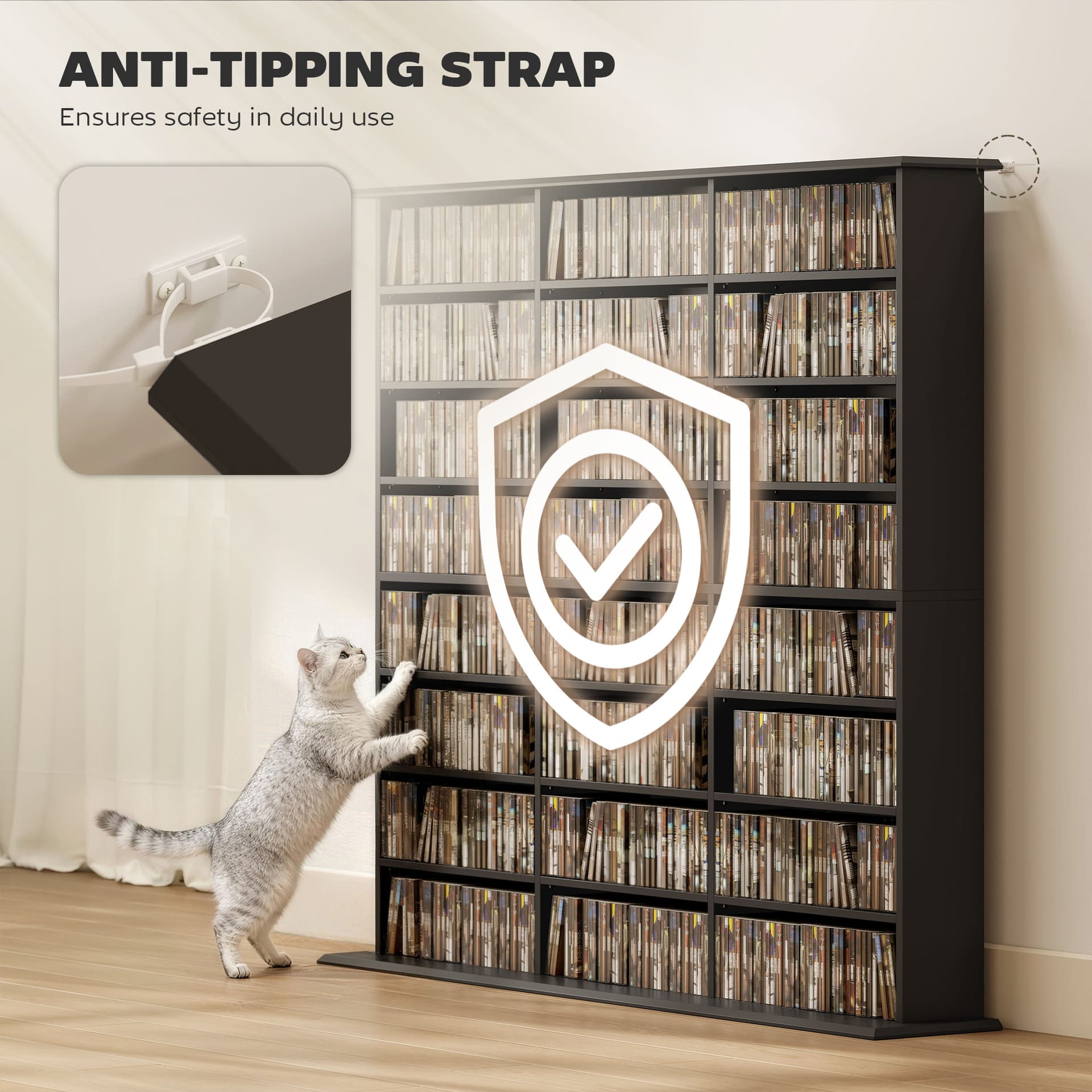 Media Storage Cabinet, 8-Tier DVD Shelf with 18 Adjustable Shelves, Holds 1032 CDs, 594 DVDs or Blu-rays, Black