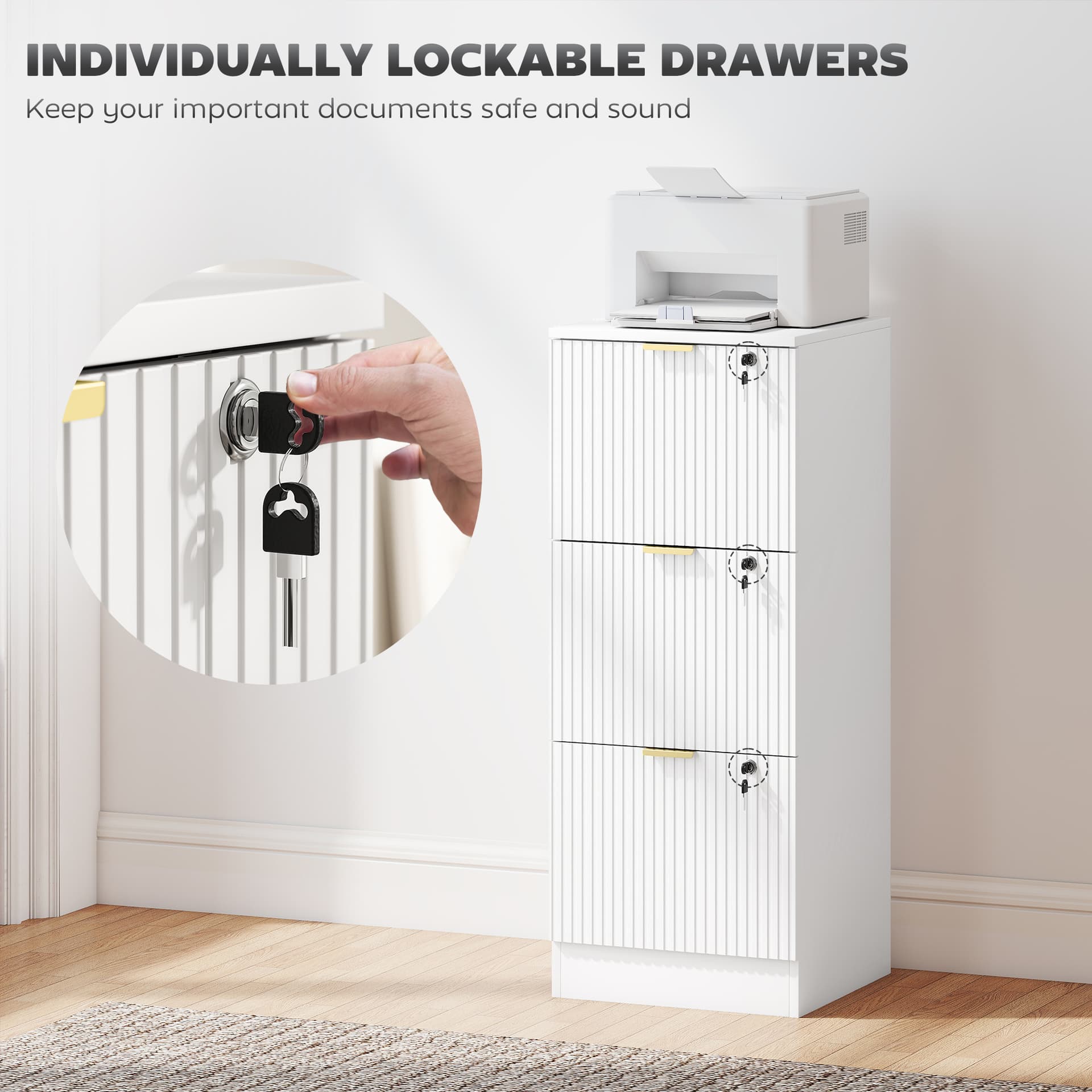 Lockable Filing Cabinet with 3 Fluted Drawers, File Cabinet with Adjustable Hanging Rails for A4 Letter Files, White