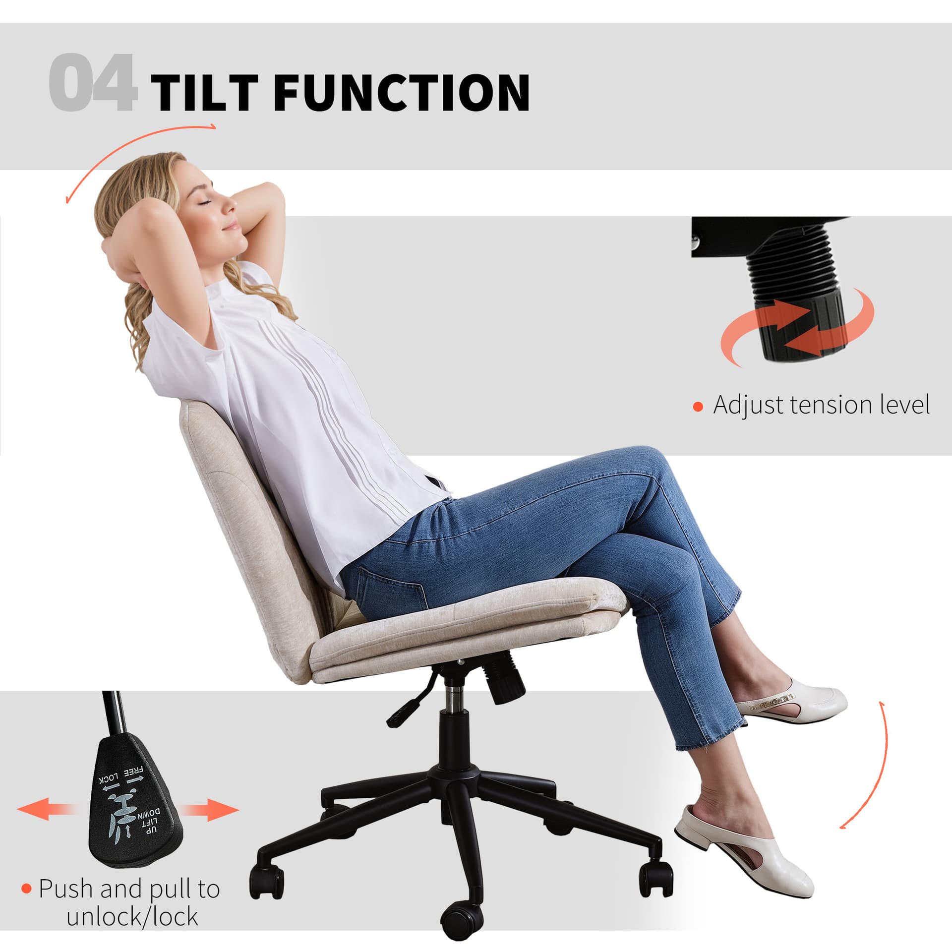 Criss Cross Chair with Wheels, Wide Office Chair with No Arms, Adjustable Height, Tilting, Beige