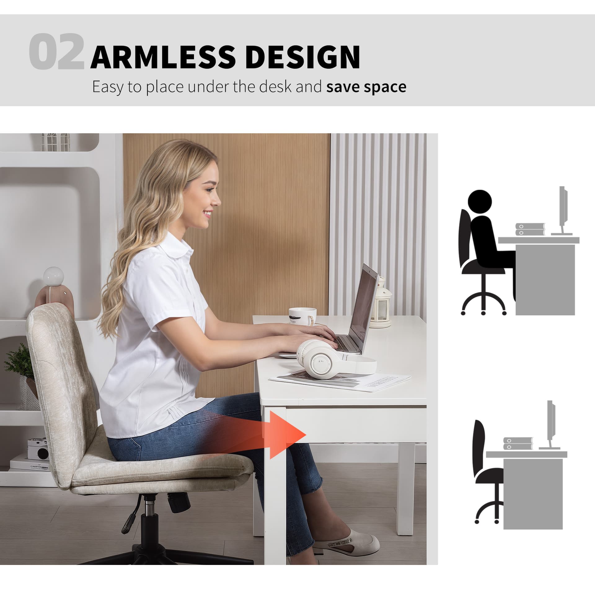 Criss Cross Chair with Wheels, Wide Office Chair with No Arms, Adjustable Height, Tilting, Beige