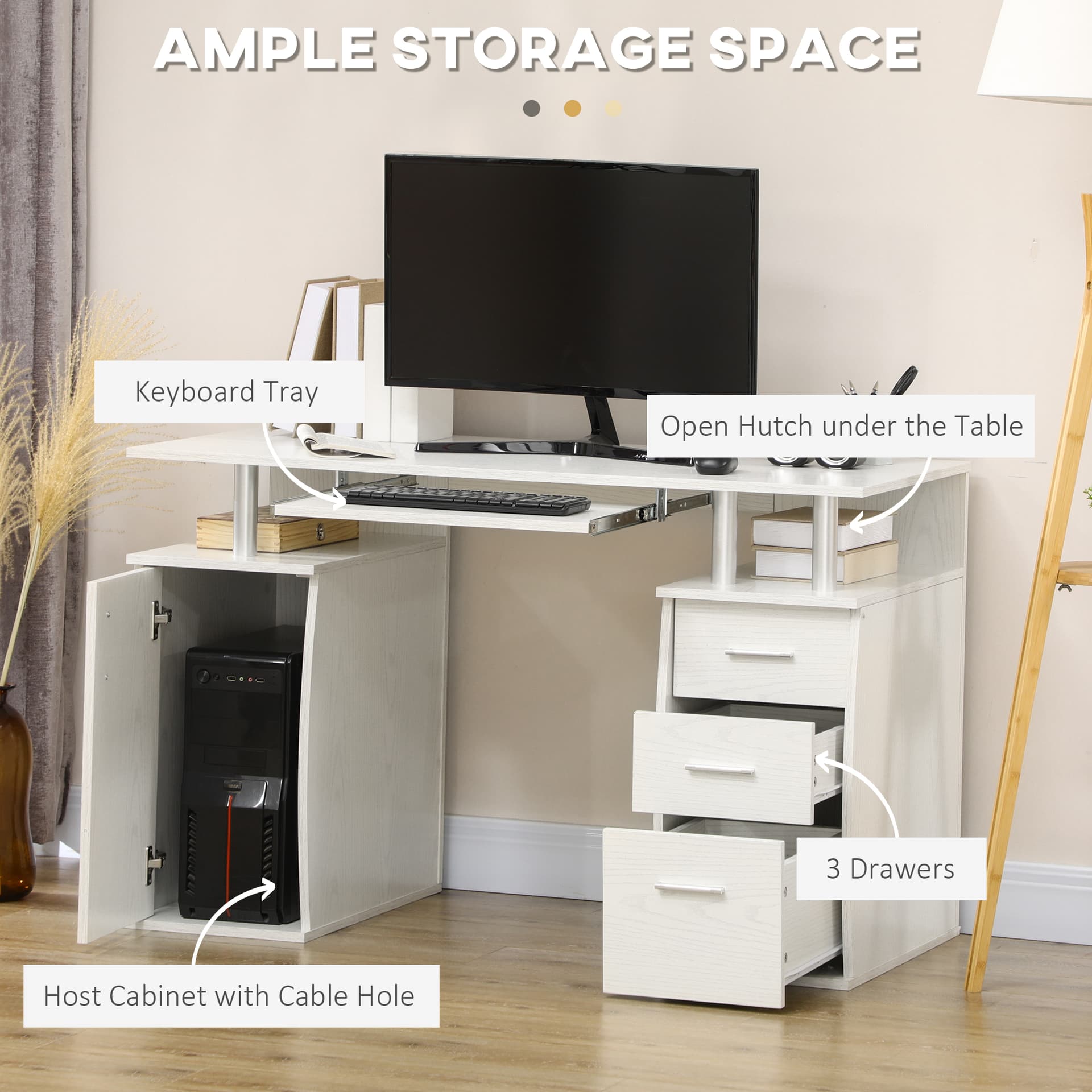 47" Computer Desk with Keyboard Tray and Storage Drawers, Home Office Workstation Table with Storage Shelves, White