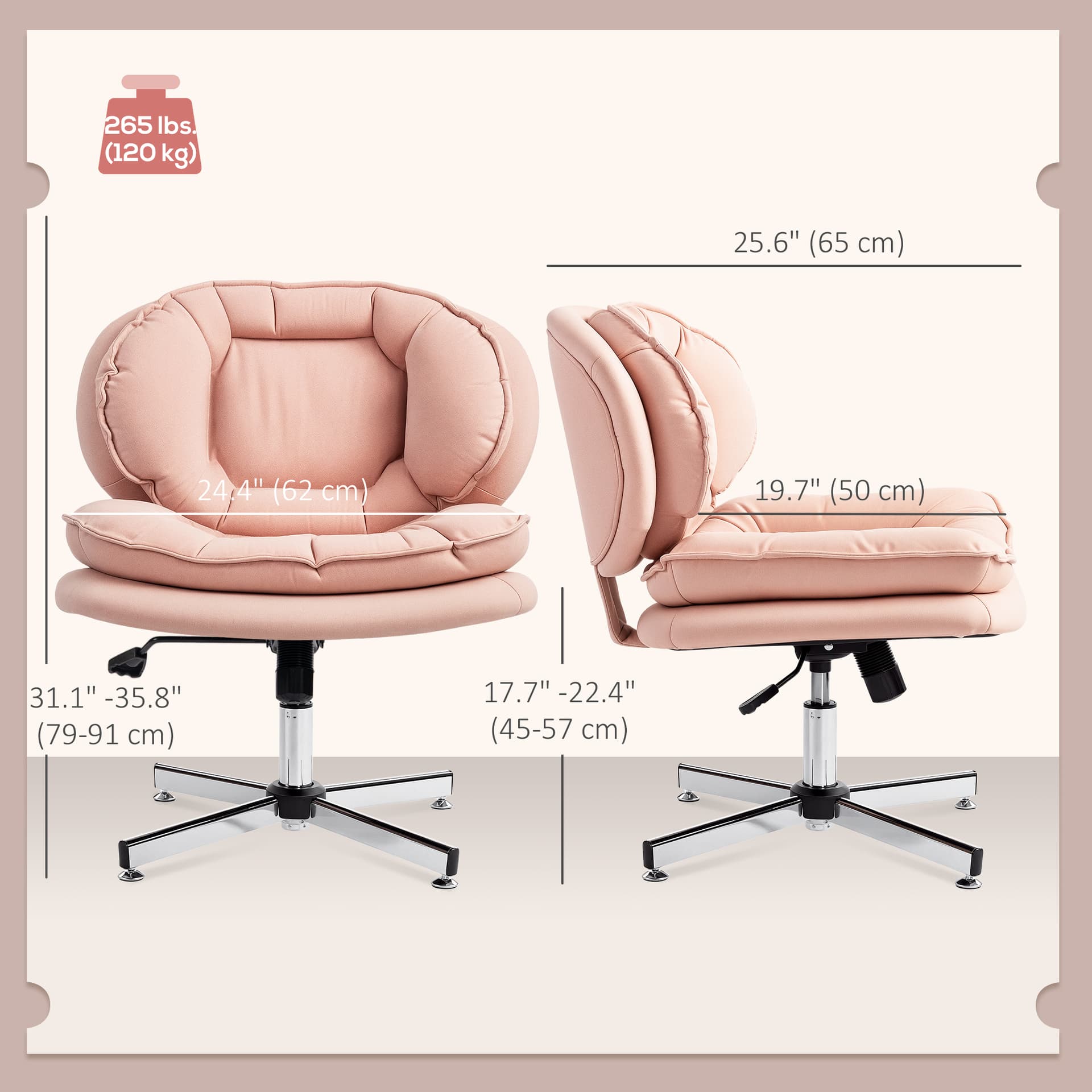 Criss Cross Chair, Armless Wide Office Chair with Leathaire Upholstery, Tilting, No Wheels, Pink