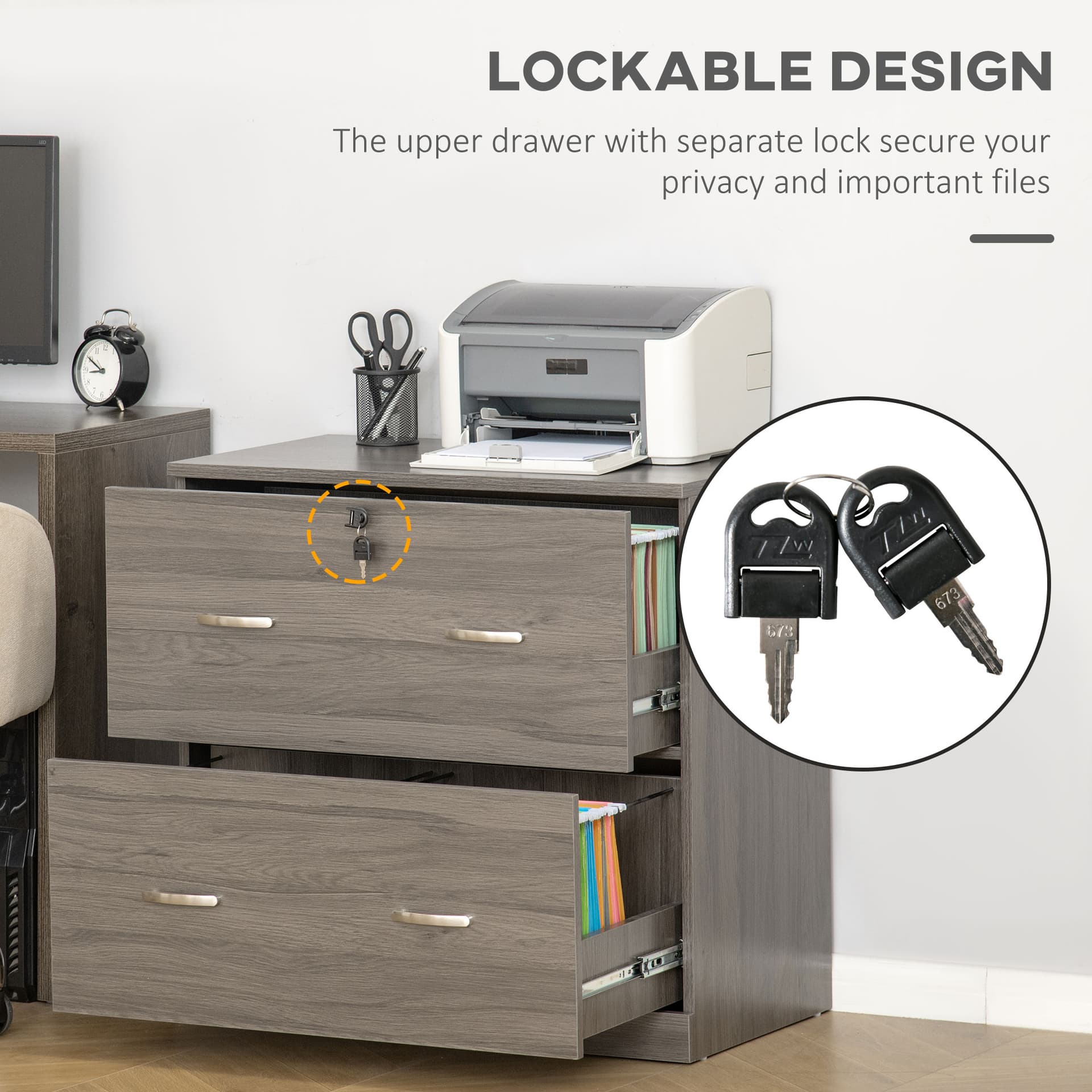 2 Drawer File Cabinet with Lock, Office Filing Cabinet, Hanging Bar for Letter Size, Home Office, Grey