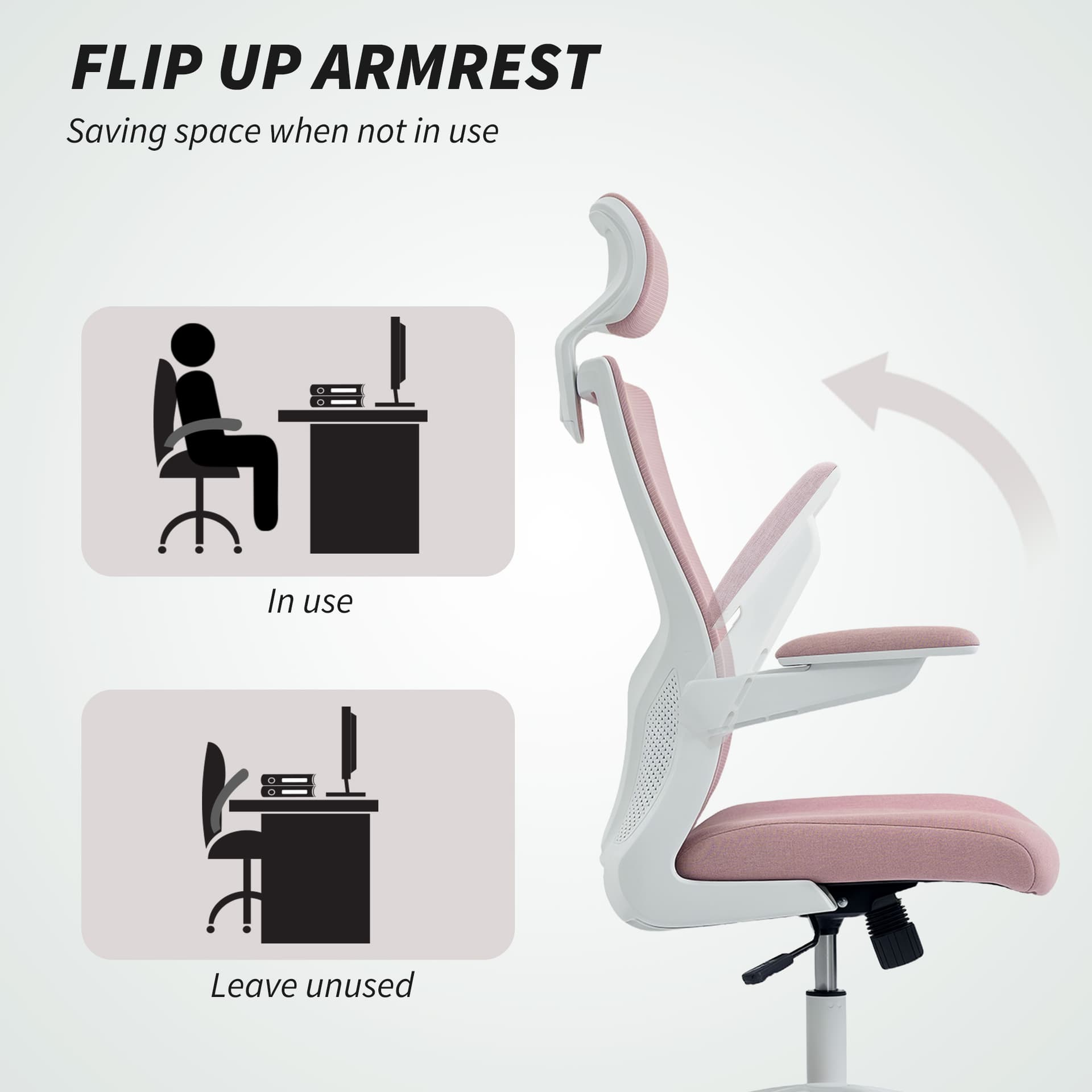 Ergonomic Office Chair, Swivel Desk Chair with Adjustable Lumbar Support, Headrest and Height, Flip-up Armrests, Pink