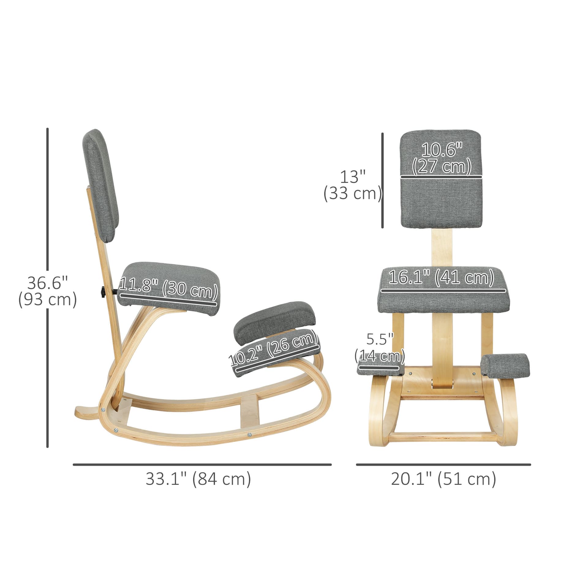 Ergonomic Kneeling Chair, Rocking Wood Kneel Stool with Backrest for Improve Posture, Back Pain, Grey