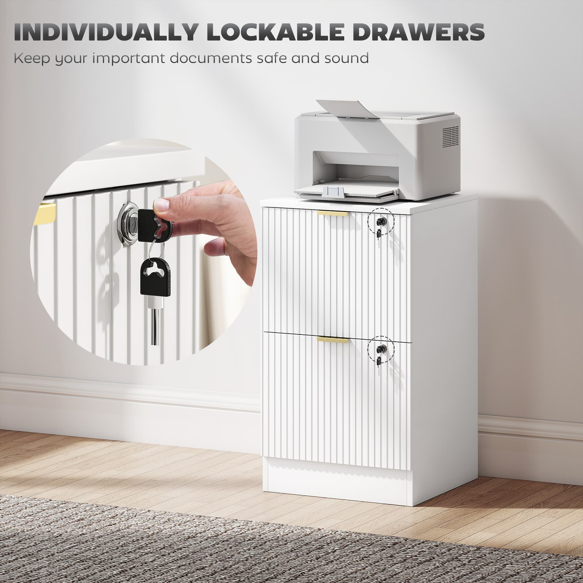 Lockable Filing Cabinet with 2 Fluted Drawers, File Cabinet with Adjustable Hanging Rails for A4 Letter Files, White