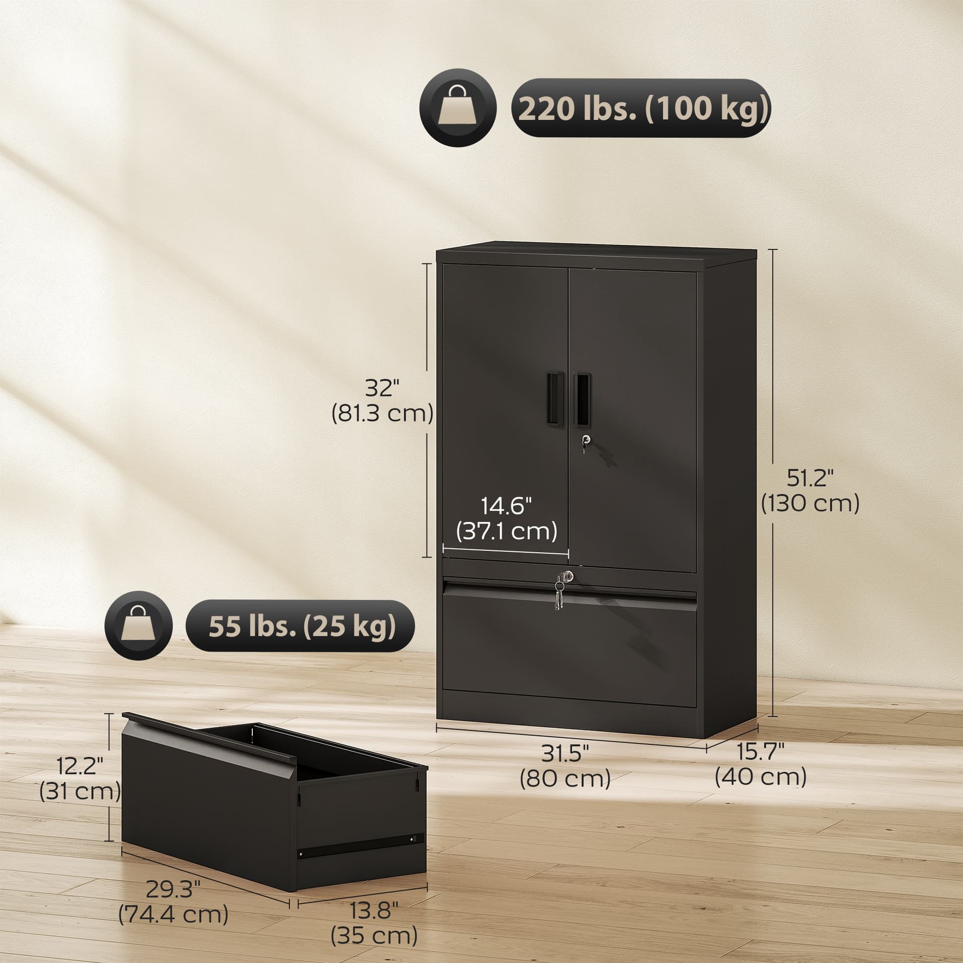 Lateral Filing Cabinet, Metal Storage Cabinet, Garage Cabinet with Double Locks, Adjustable Shelf and File Drawer, Black