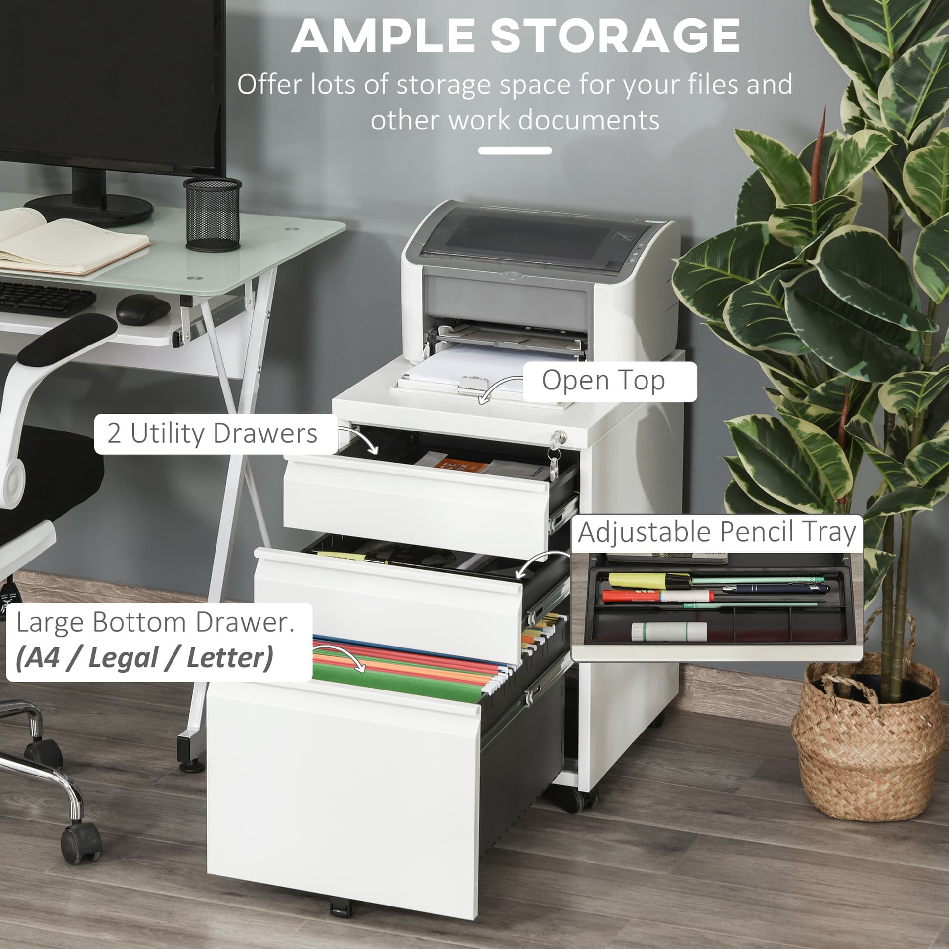 3 Drawer Filing Cabinet, Lockable Office Storage Cabinet on Wheels for Legal, Letter, A4 Files, White