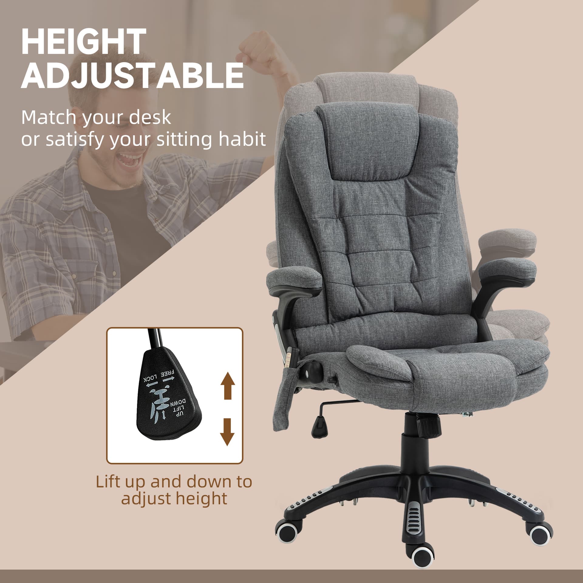6 Point Vibrating Massage Home Office Chair High Back Executive Chair with Reclining Back, Swivel Wheels, Grey