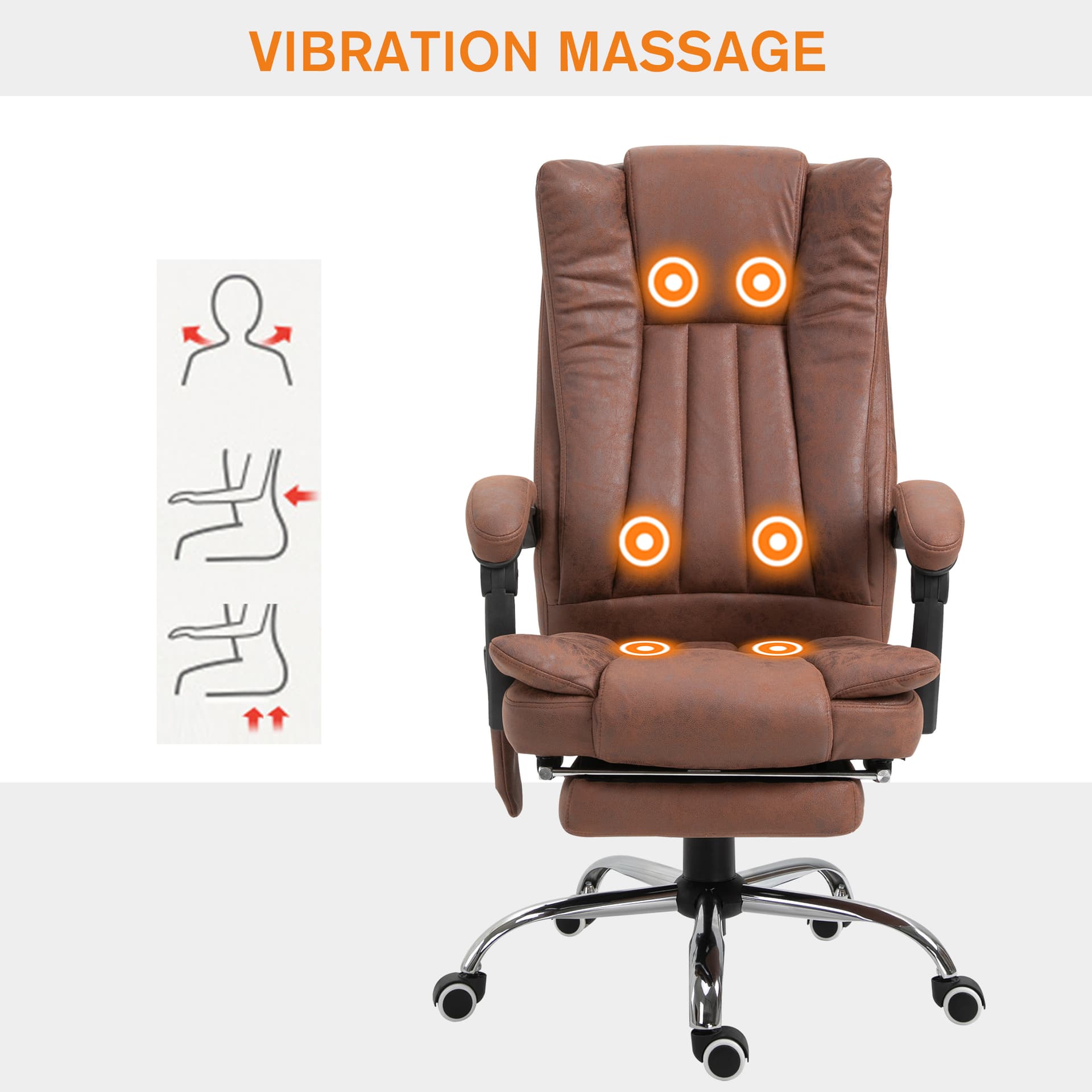 Office Chair 6-point Vibration Massage Chair Micro Fiber Recliner with Retractable Footrest Brown