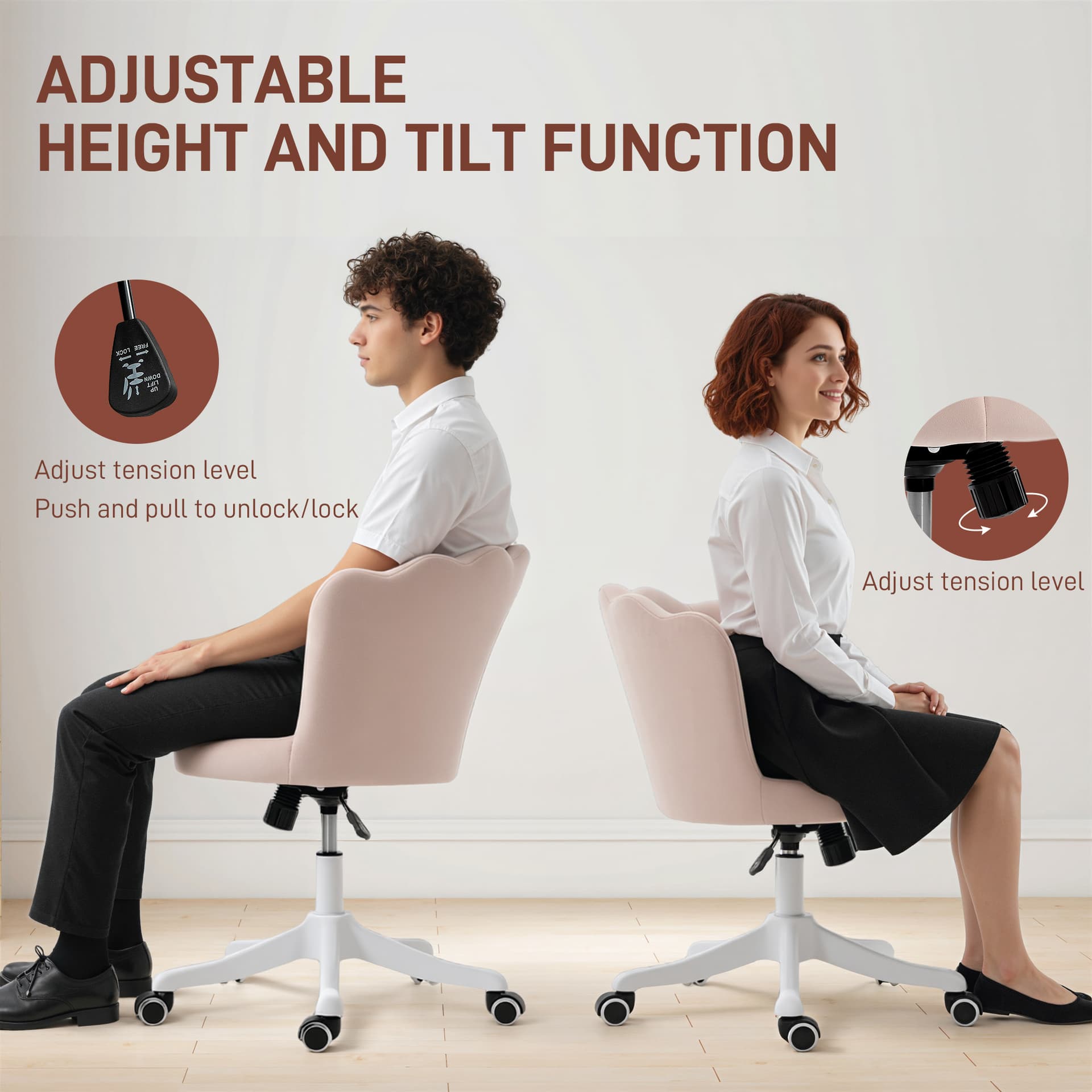 Office Chair, Armless Swivel Desk Chair with Adjustable Height, Backrest, Tilt Function for Office, Vanity, Pink