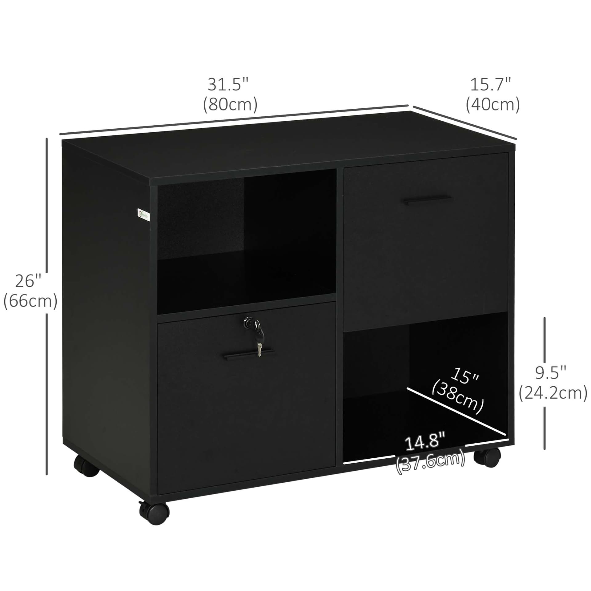 Mobile Printer Stand, Lateral File Cabinet with Lock, Filing Cabinet with Hanging Bars for Letter, A4 Size, Black