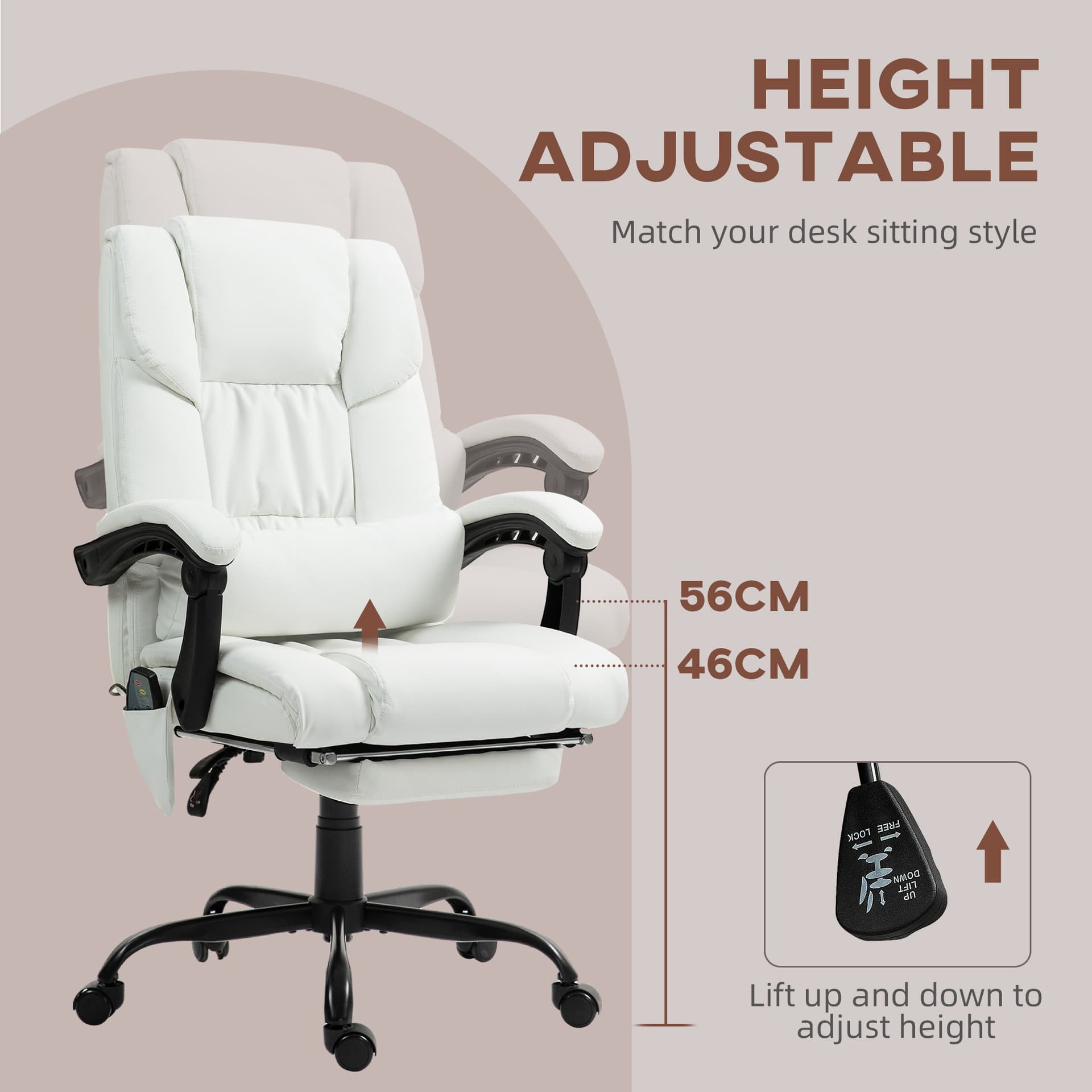 6-Point Vibration Massage Chair, Height Adjustable Reclining Computer Chair with Retractable Footrest, White