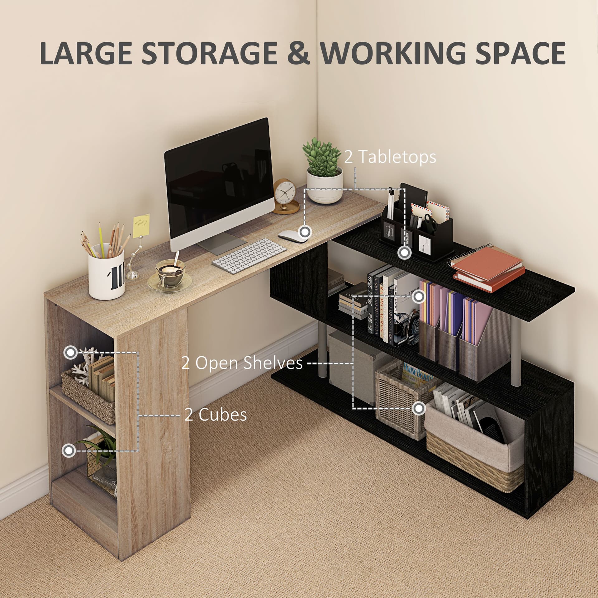 55" Corner Computer Desk, 360° Rotating L-Shaped Desk, Home Office Workstation with 3-Tier Shelves, Bookshelf
