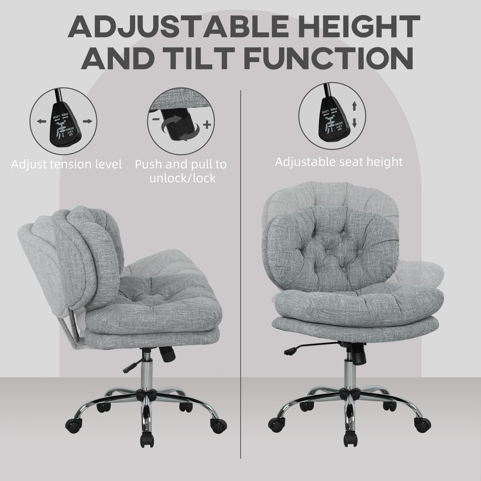 Computer Desk Chair, Armless Office Chair with Wide Padded Seat and Adjustable Height, Tilt Function, Grey