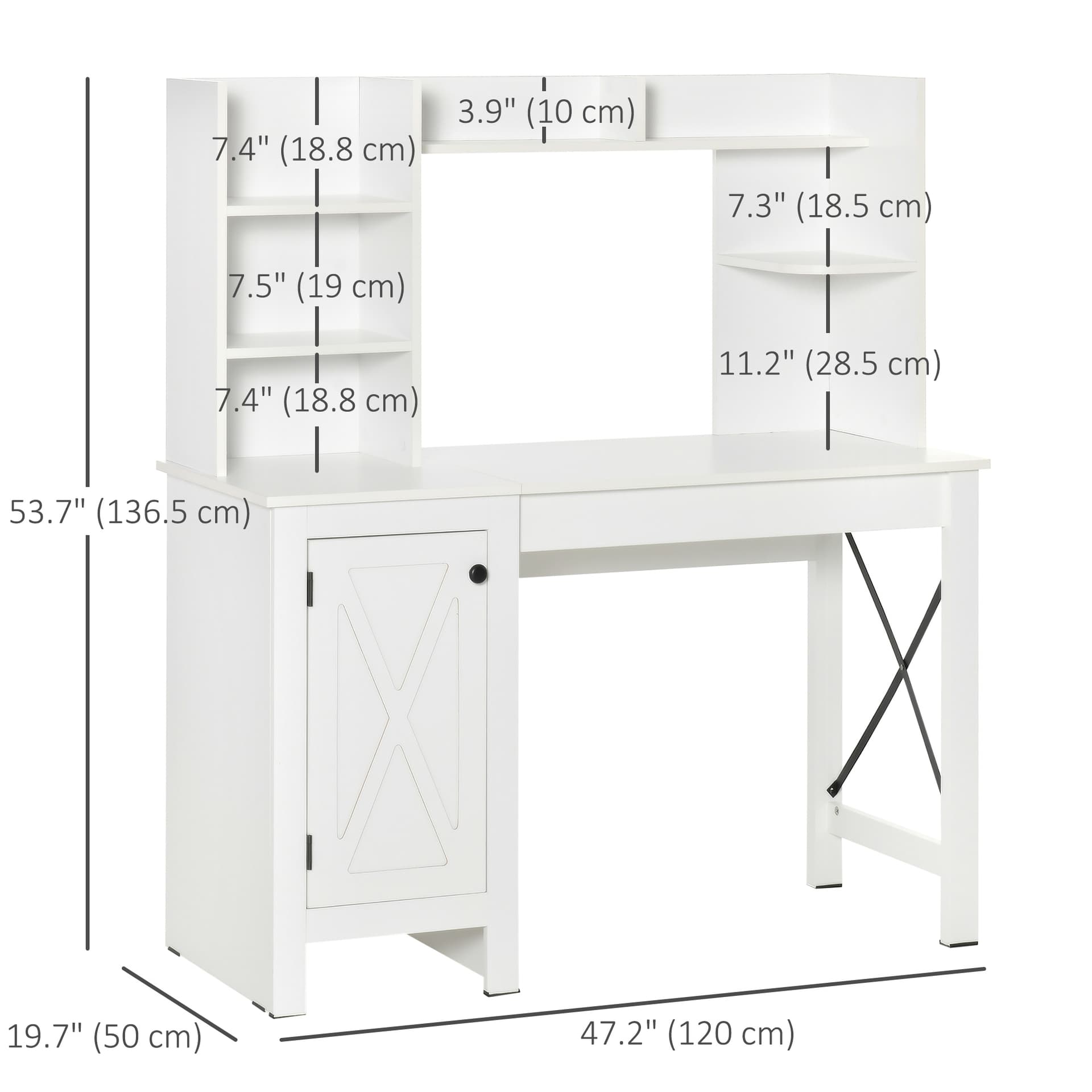 Computer Desk with Storage, 47 Inch Farmhouse Home Office Desk with Open Shelves and 2-Tier Cabinet, White